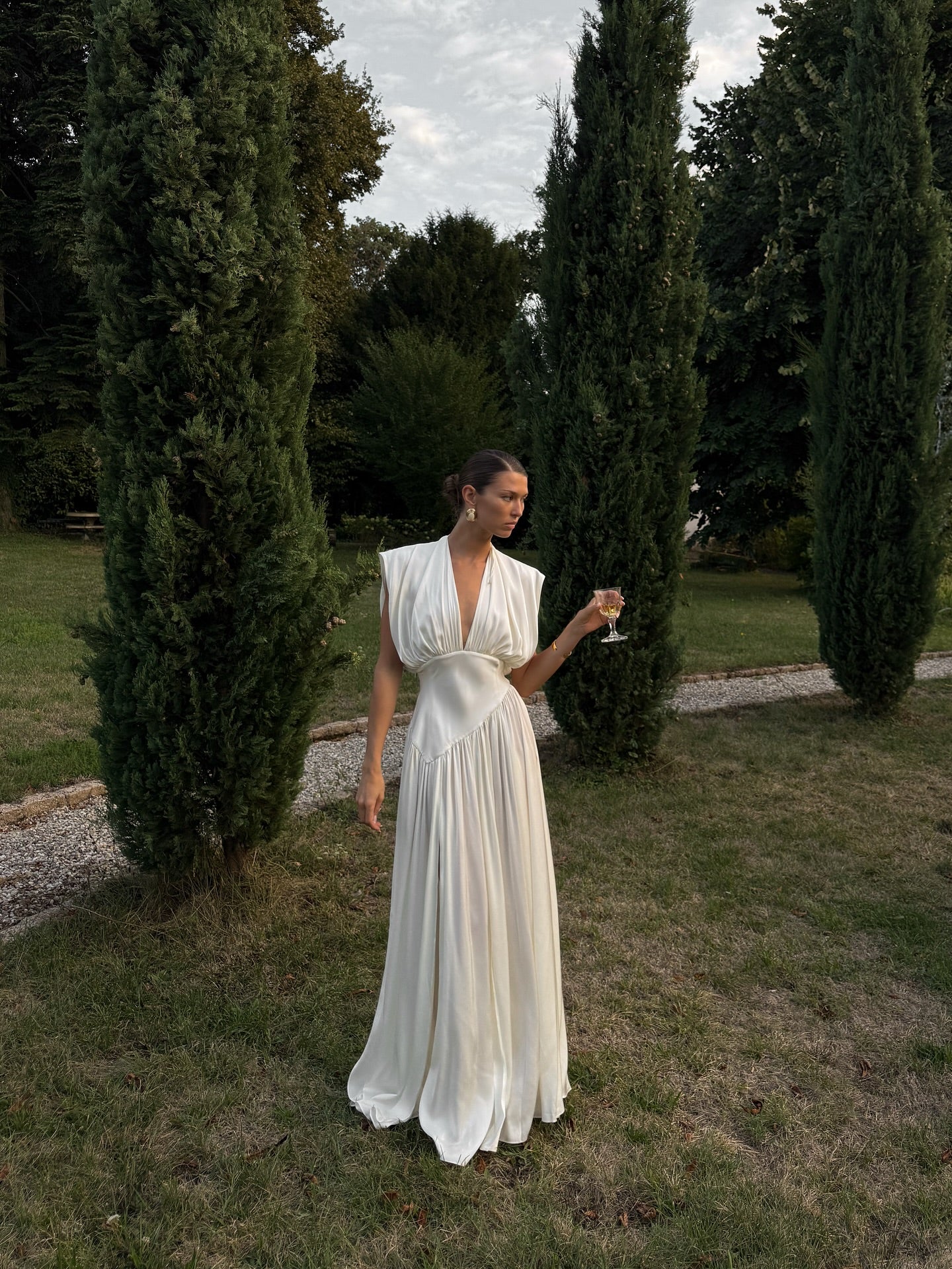 Deep V-Neck Shoulder-Drape Ruched Waist Side-Slit Backless Dress