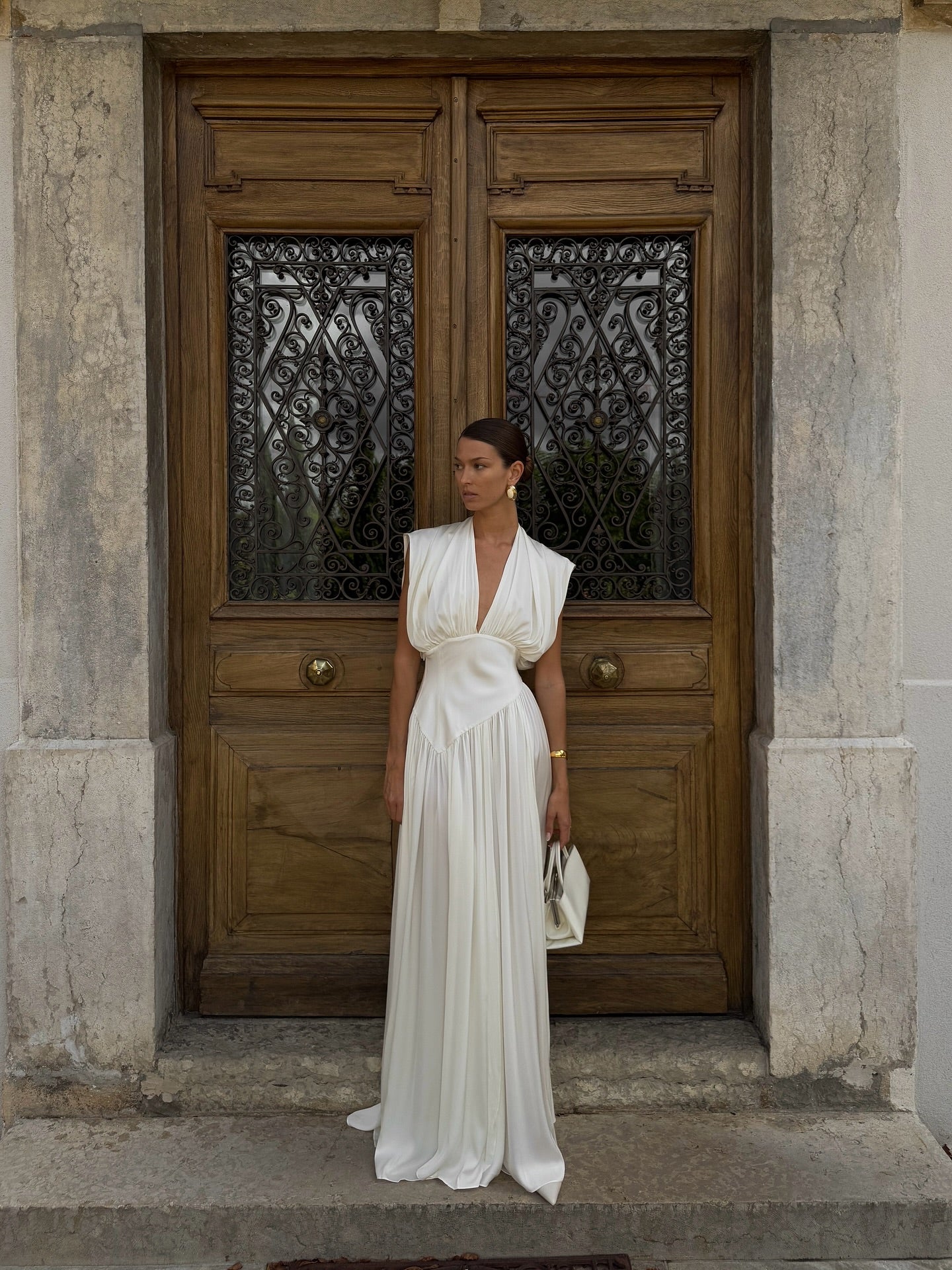 Deep V-Neck Shoulder-Drape Ruched Waist Side-Slit Backless Dress