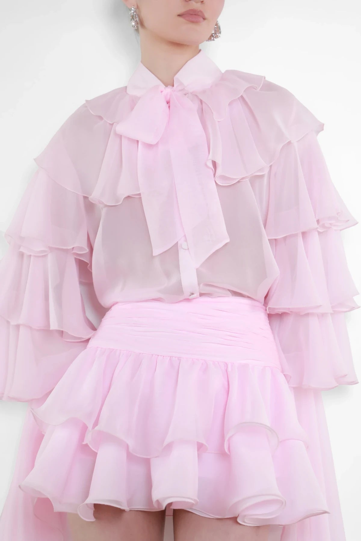 Chiffon Tiered-Ruffle Long-Sleeve Blouse and Tiered Mini Skirt Two-Piece Set