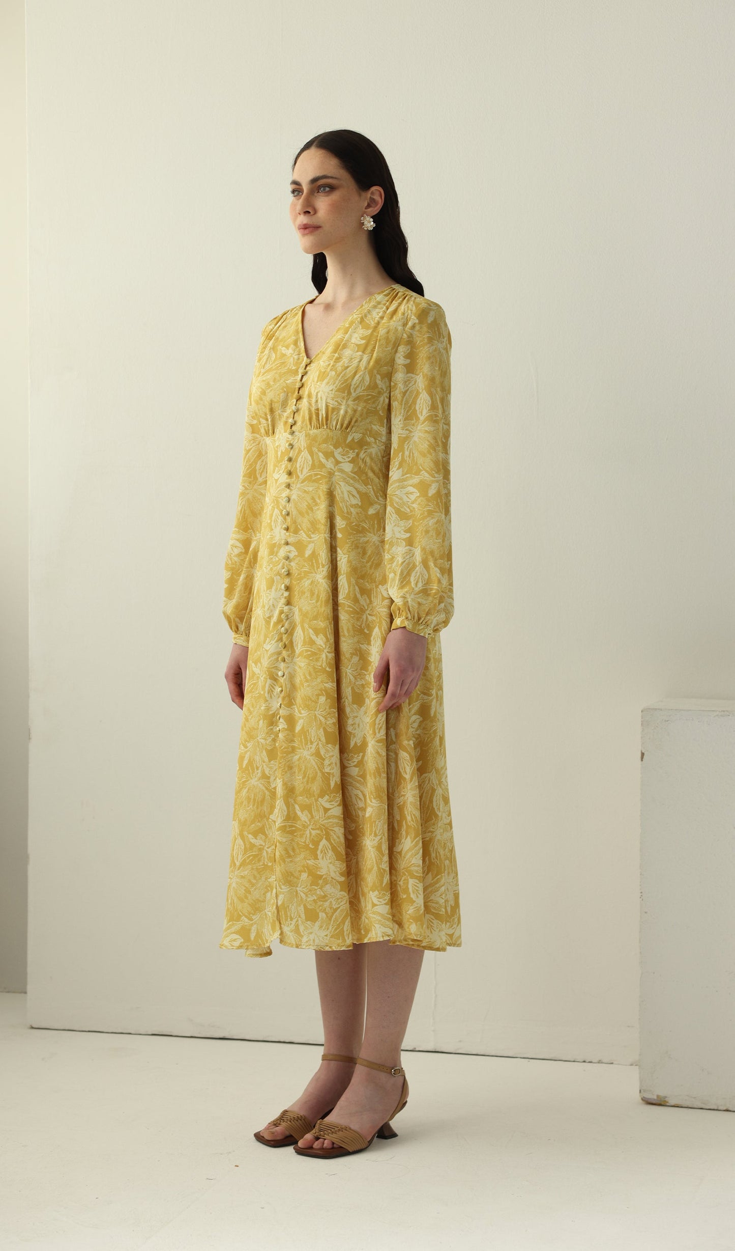 Yellow Floral Printed V Neck Midi Dress