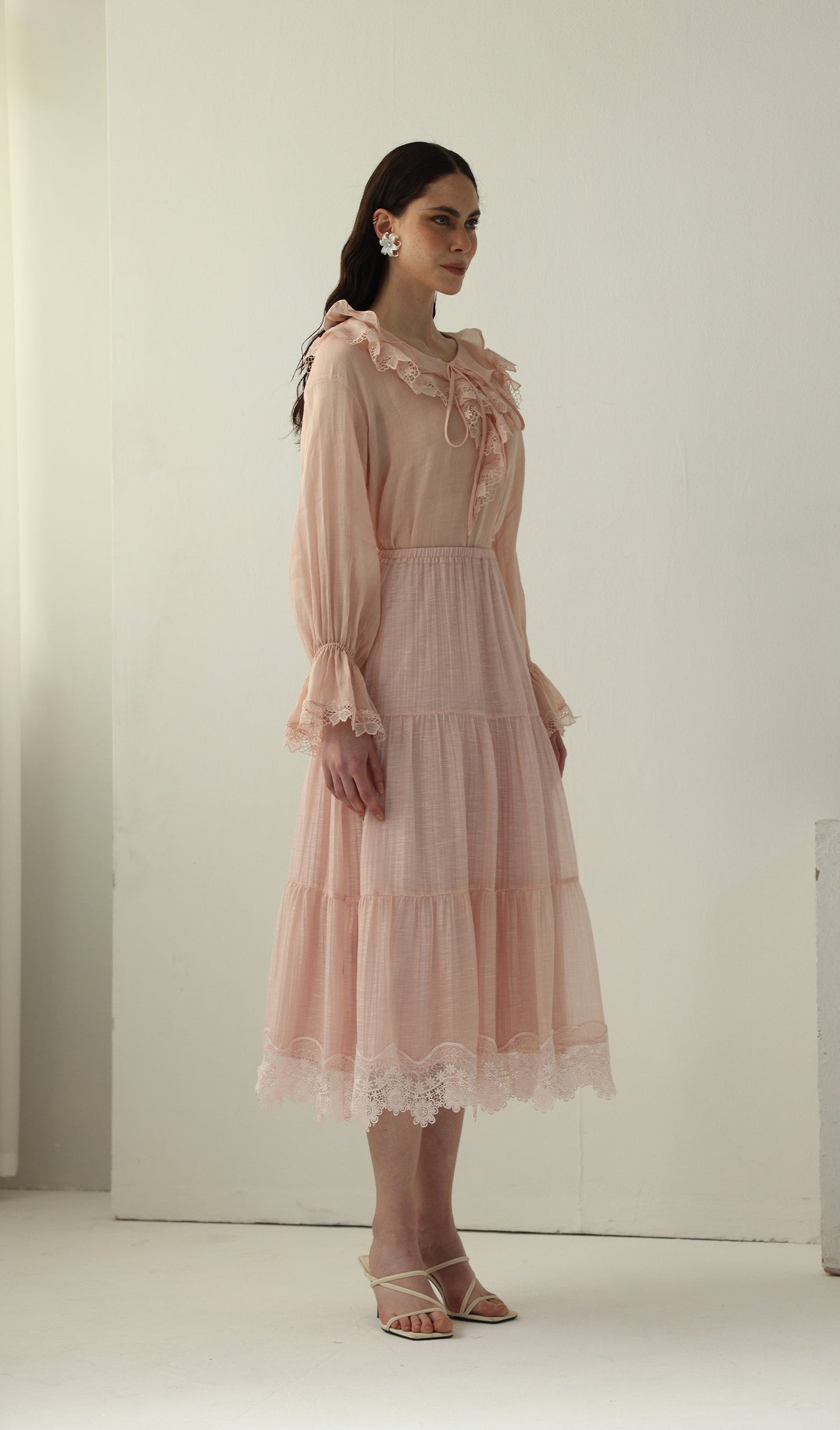 Long Sleeved Lace Panel Midi Skirt