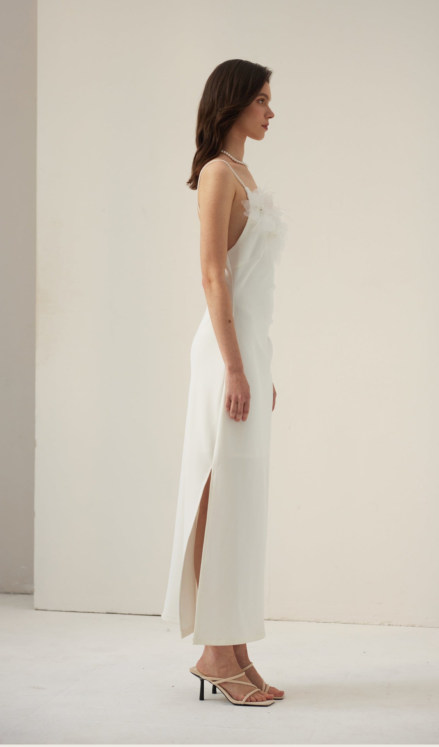 Feather Trim Slip Midi Dress