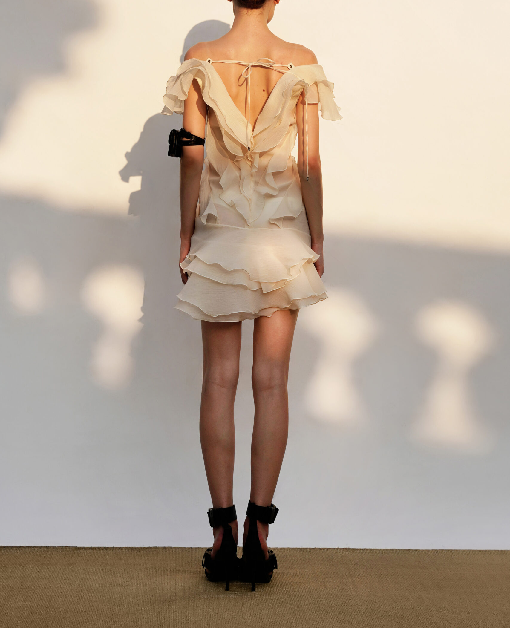 V-Neck Off-Shoulder Layered Ruffled Sleeveless Mini Dress