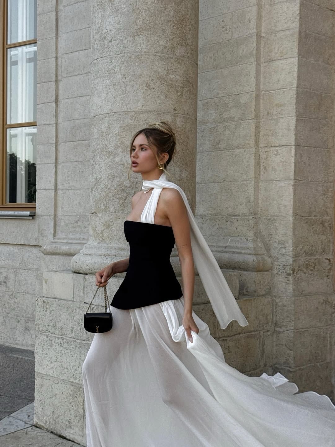 Scarf-Style Strapless Black-and-White Chiffon Paneled Dress