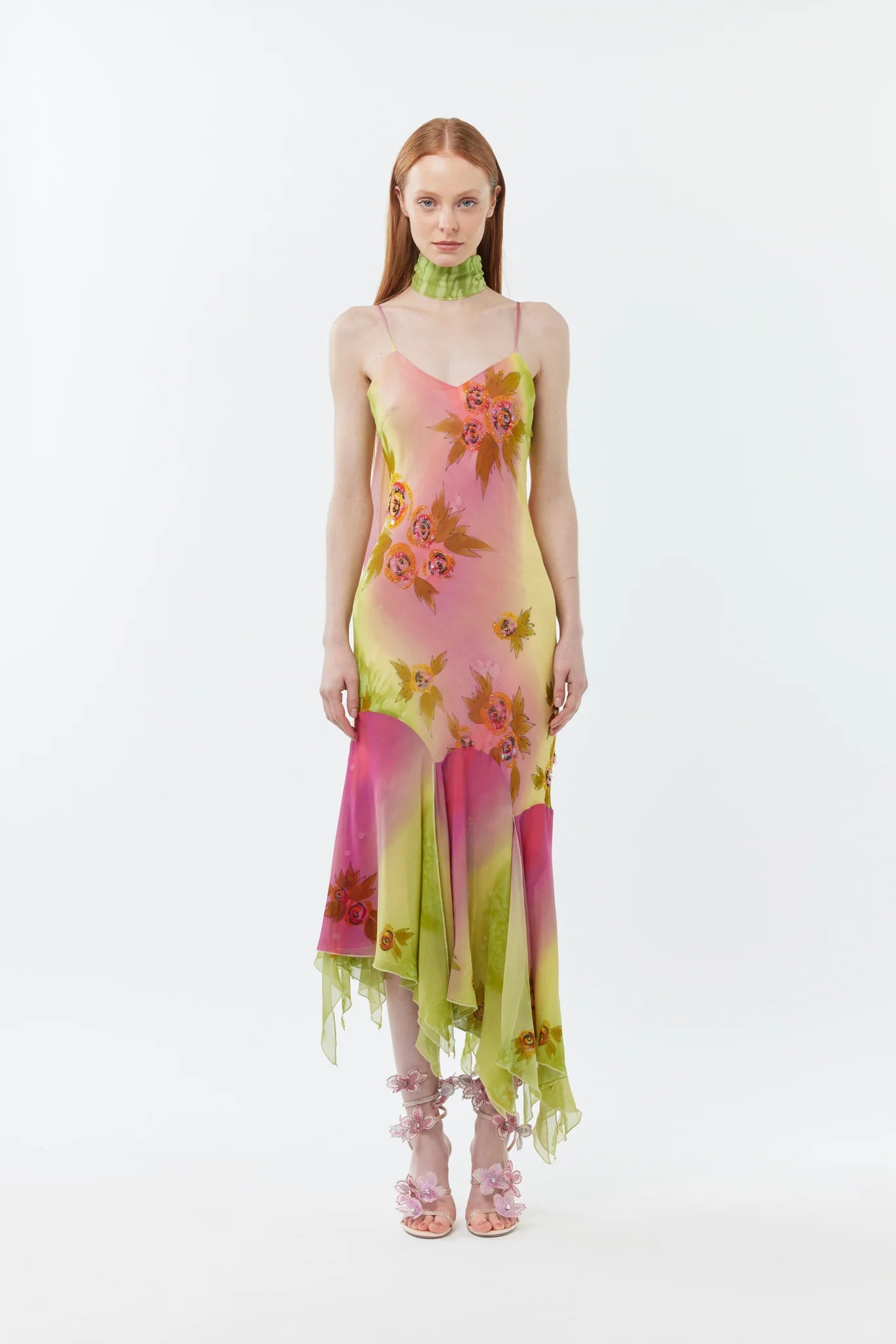 Hand-Beaded Ombre-Dyed Chiffon Spaghetti Strap Dress