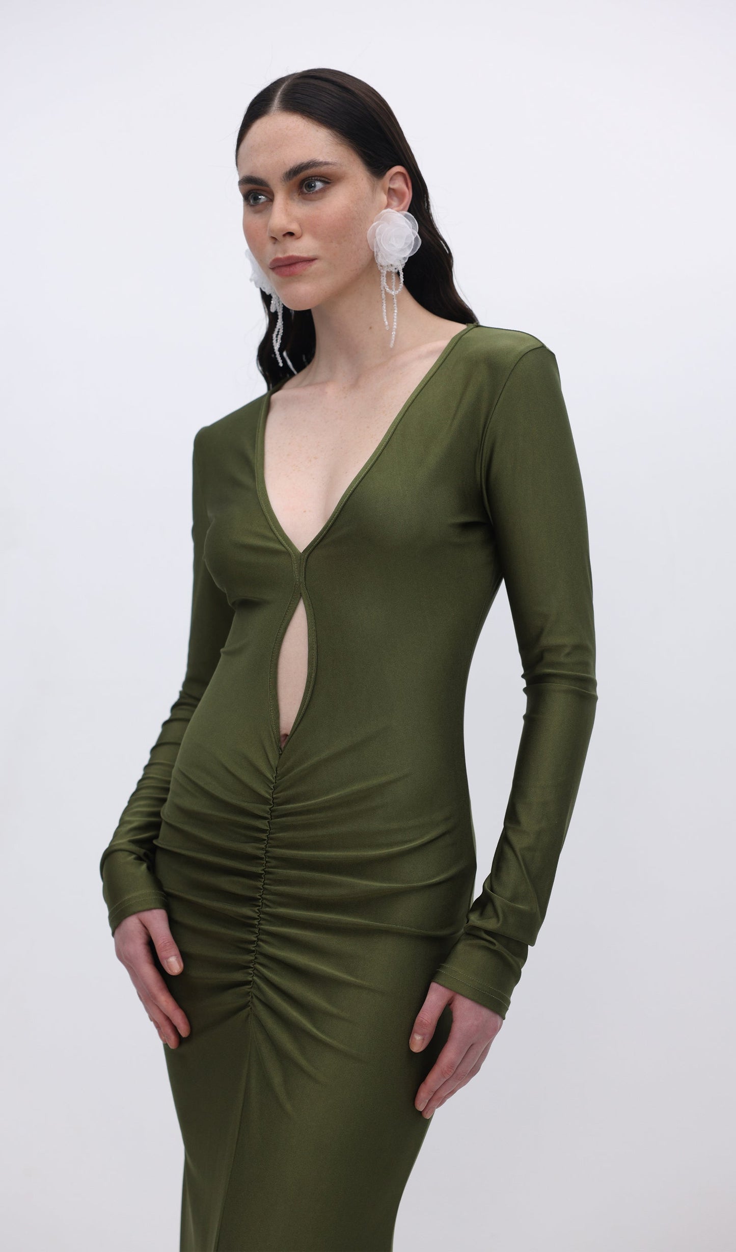 V Neck Ruched Maxi Dress