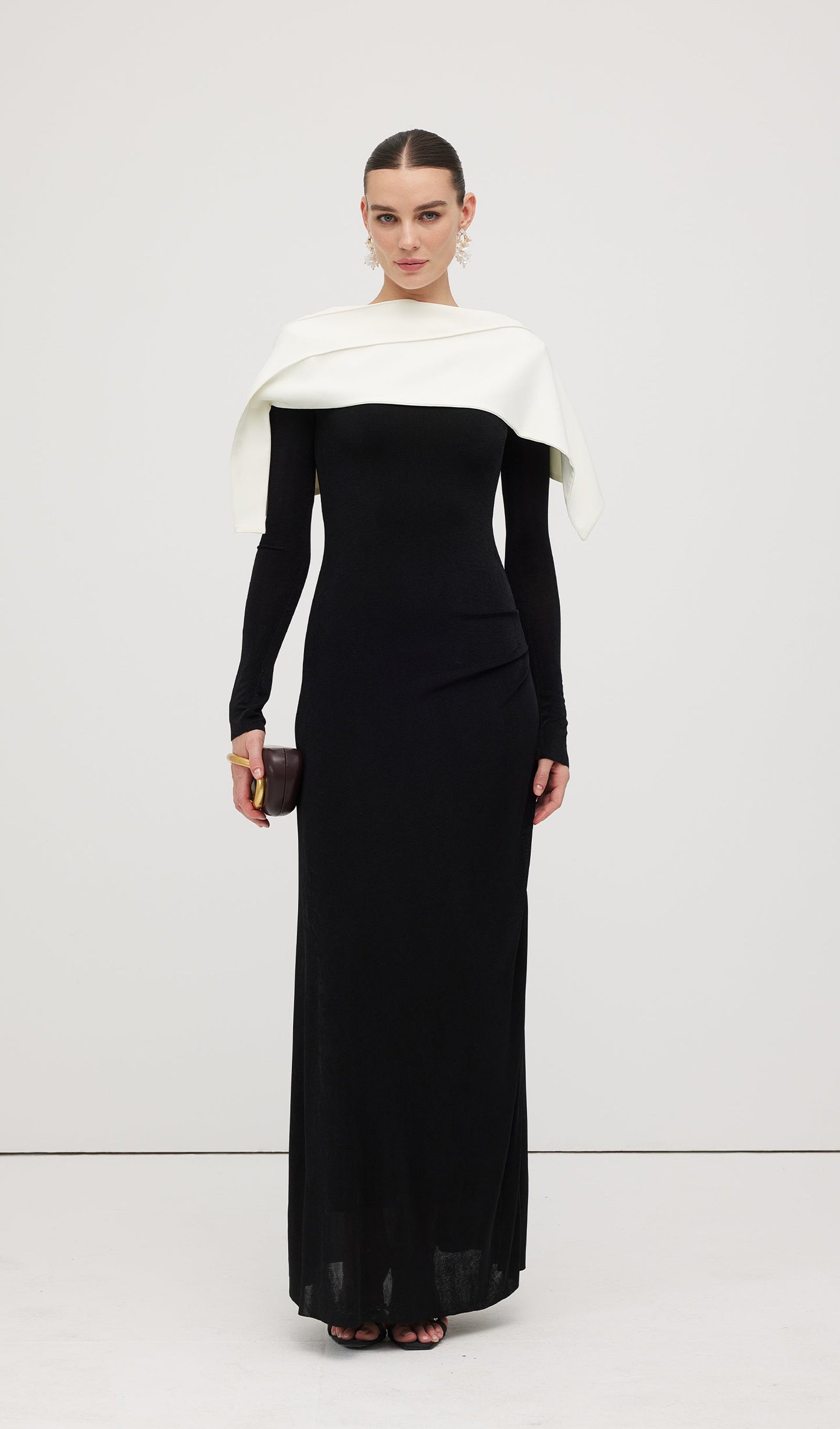 Asymmetrical Draped Shoulder Pleat Maxi Dress