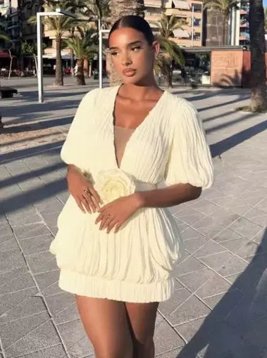 Mesh V-Neck Lantern-Sleeve Ruched Bubble Dress with 3D Floral Appliqué