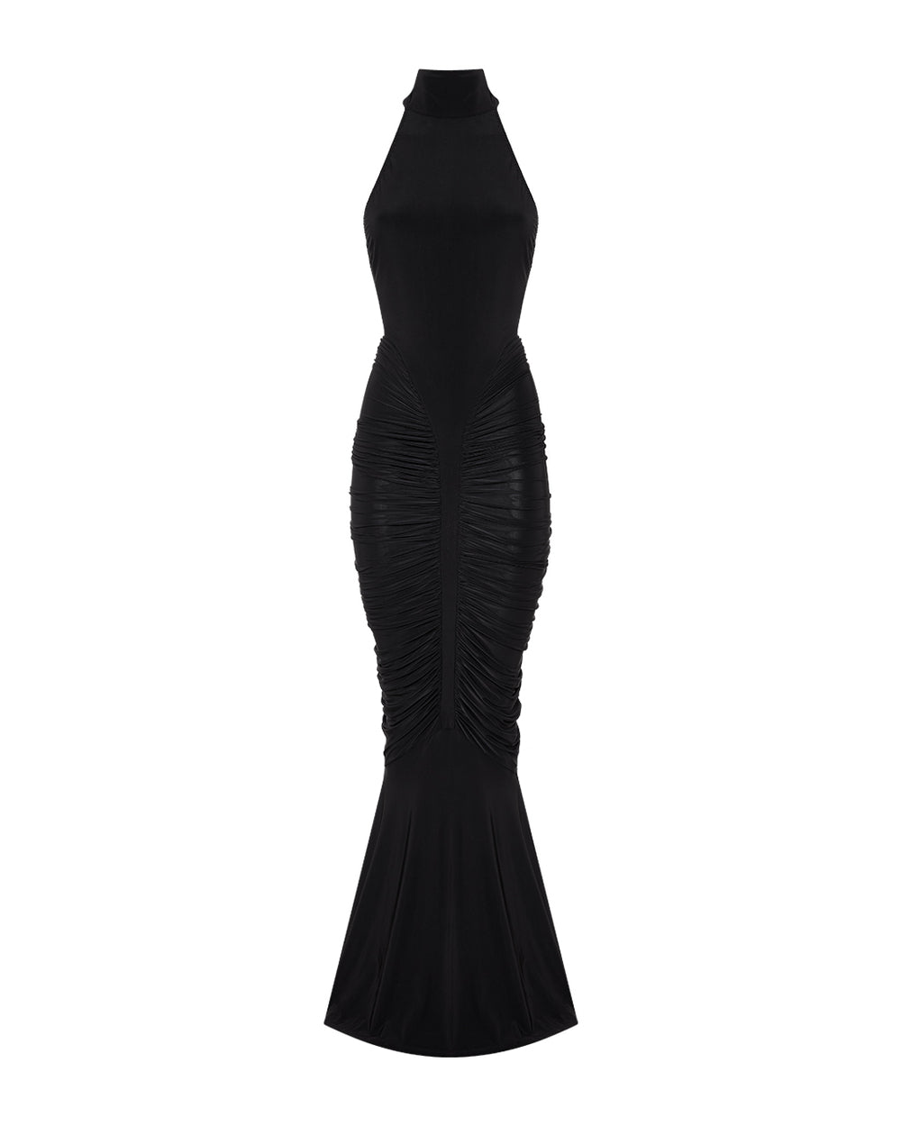 High-Neck Sleeveless Backless Ruched Black Maxi Dress