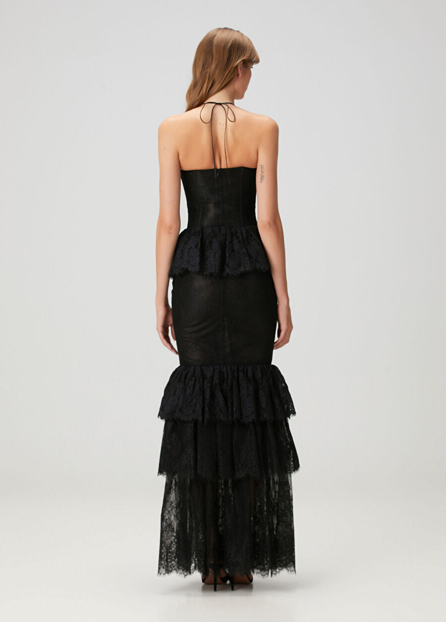 Strapless Corset-Style Halter-Tie 3D Floral Lace Dress