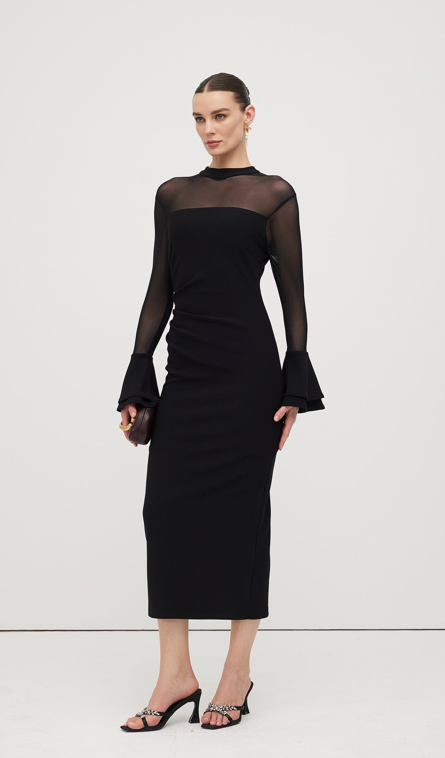 Mesh Stitching Long Sleeve Midi Dress