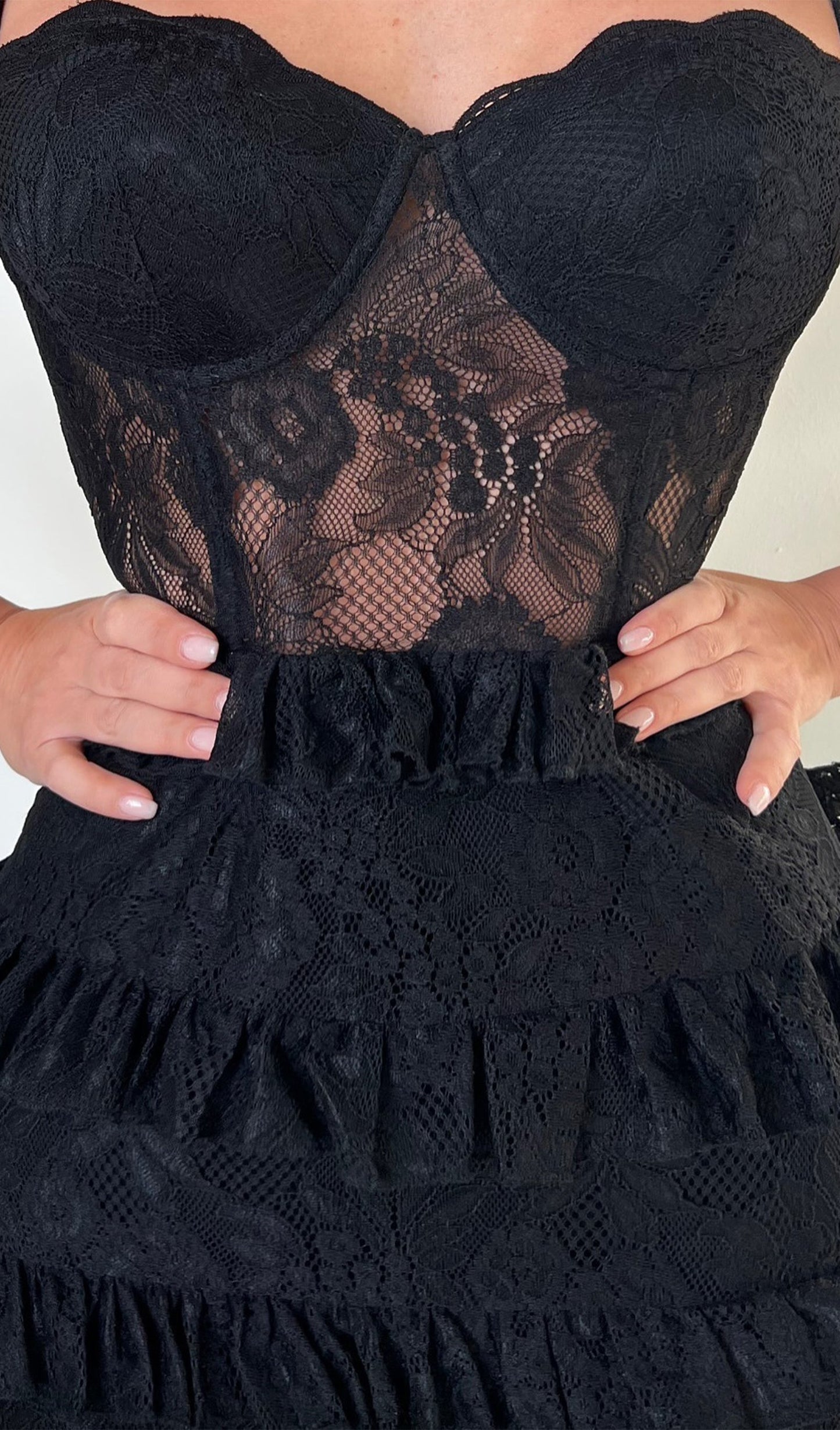 Corseted Lace Ruffles Maxi Dress