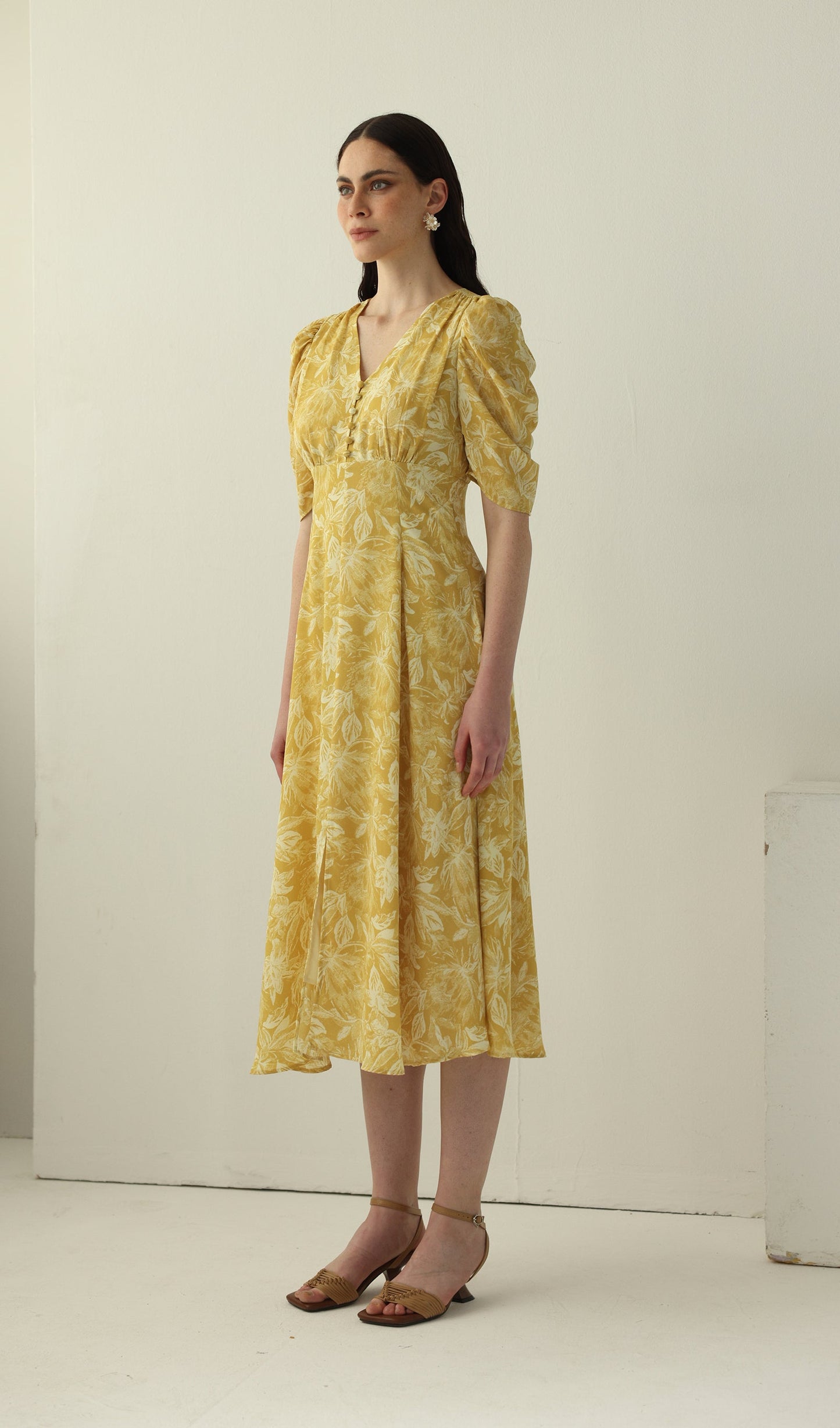 Yellow Printed Short Sleeve Midi Dress