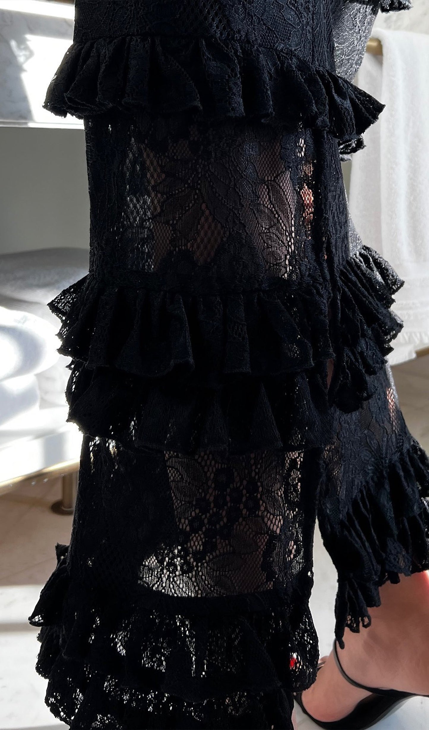 Corseted Lace Ruffles Maxi Dress