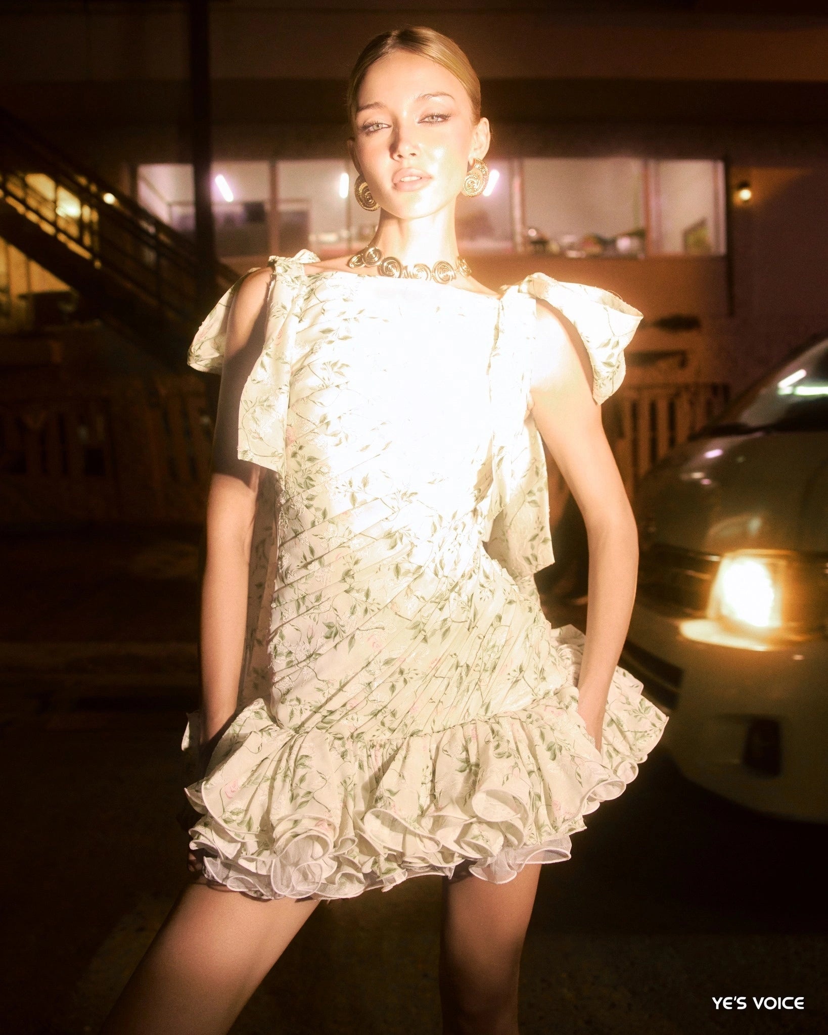 Printed Shoulder Bowknot Mini Dress