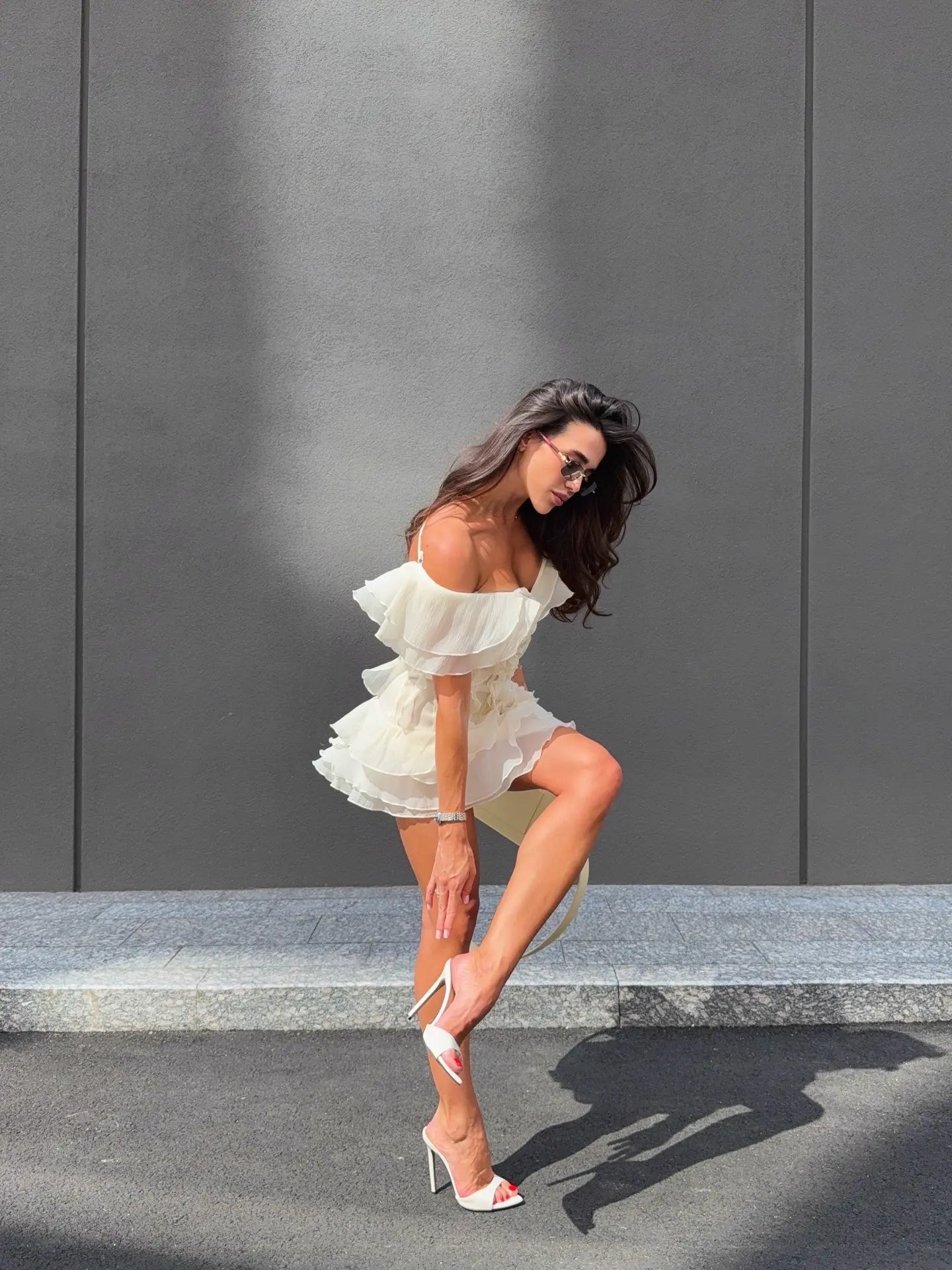 V-Neck Off-Shoulder Layered Ruffled Sleeveless Mini Dress