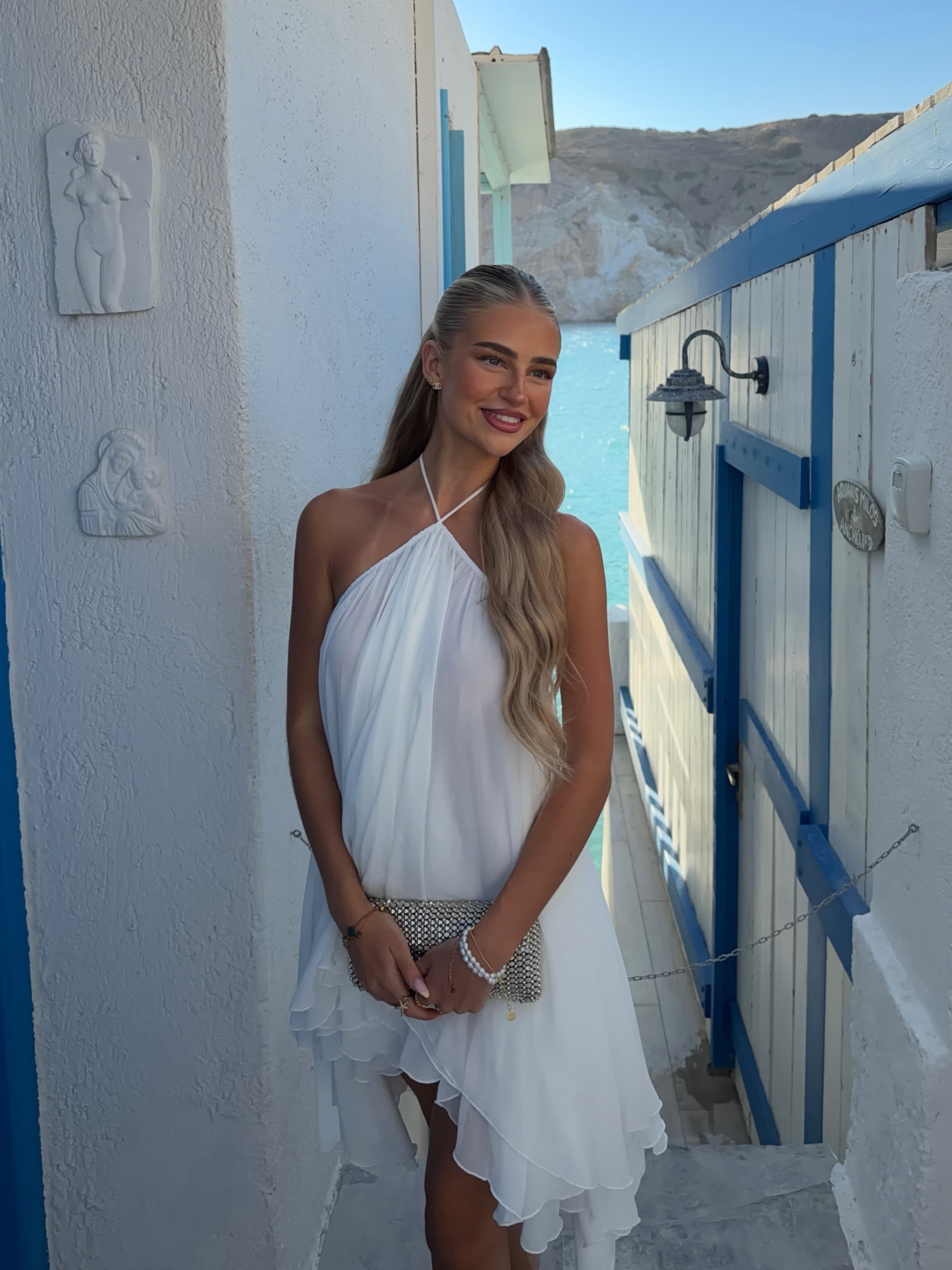 Halter-Tie Asymmetric-Hem Chiffon Mini Dress