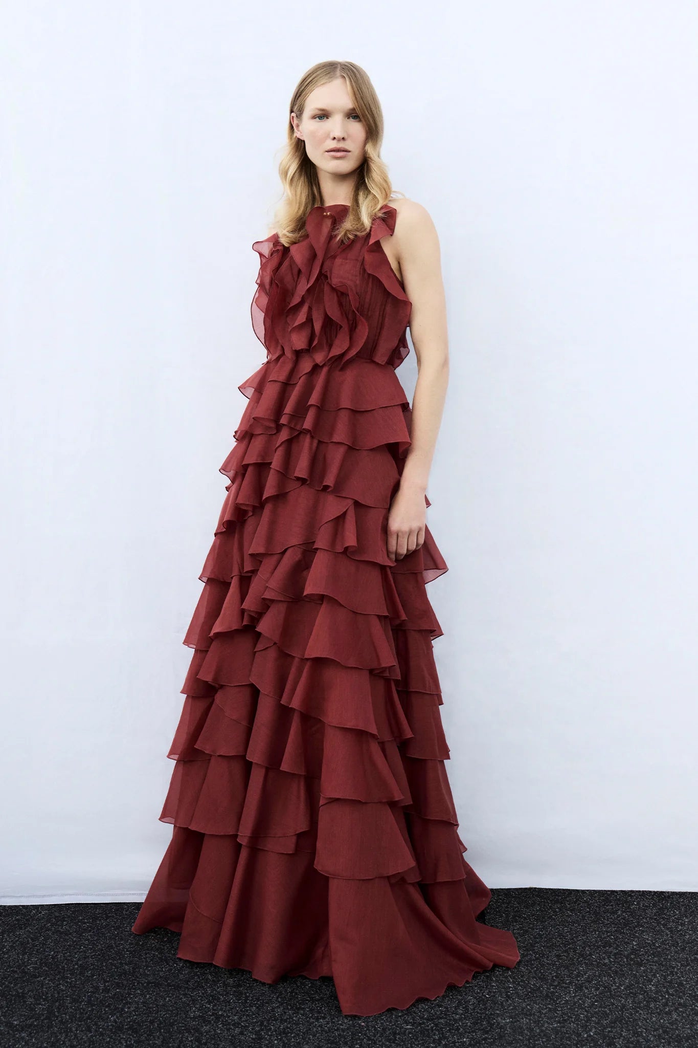 Tiered Ruffle Sleeveless V-Neck Metal-Detail Red Resort Dress