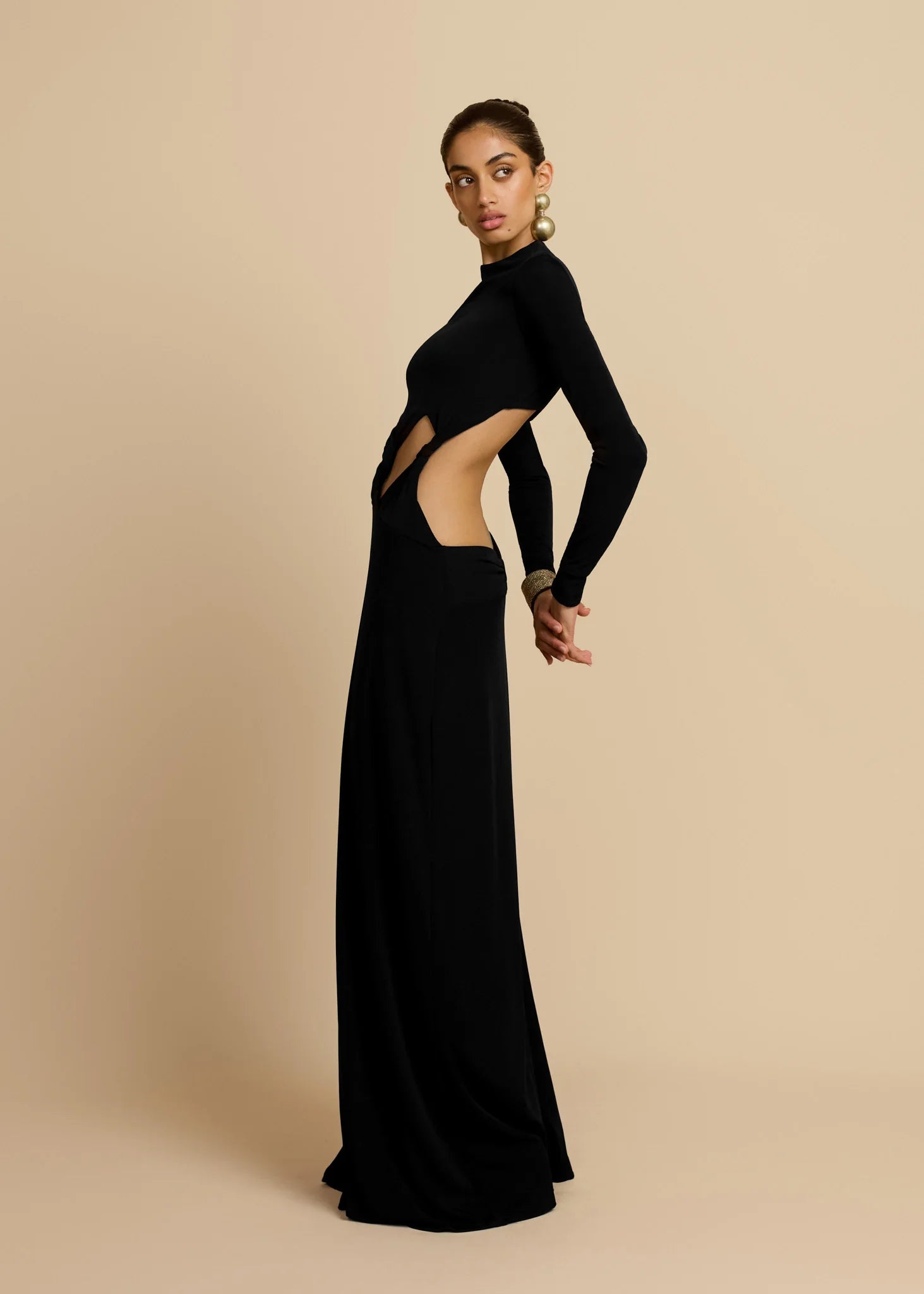 Greek Goddess Style Mock Neck Twist-Knot Waist Cut-Out Long-Sleeve Bodycon Dress