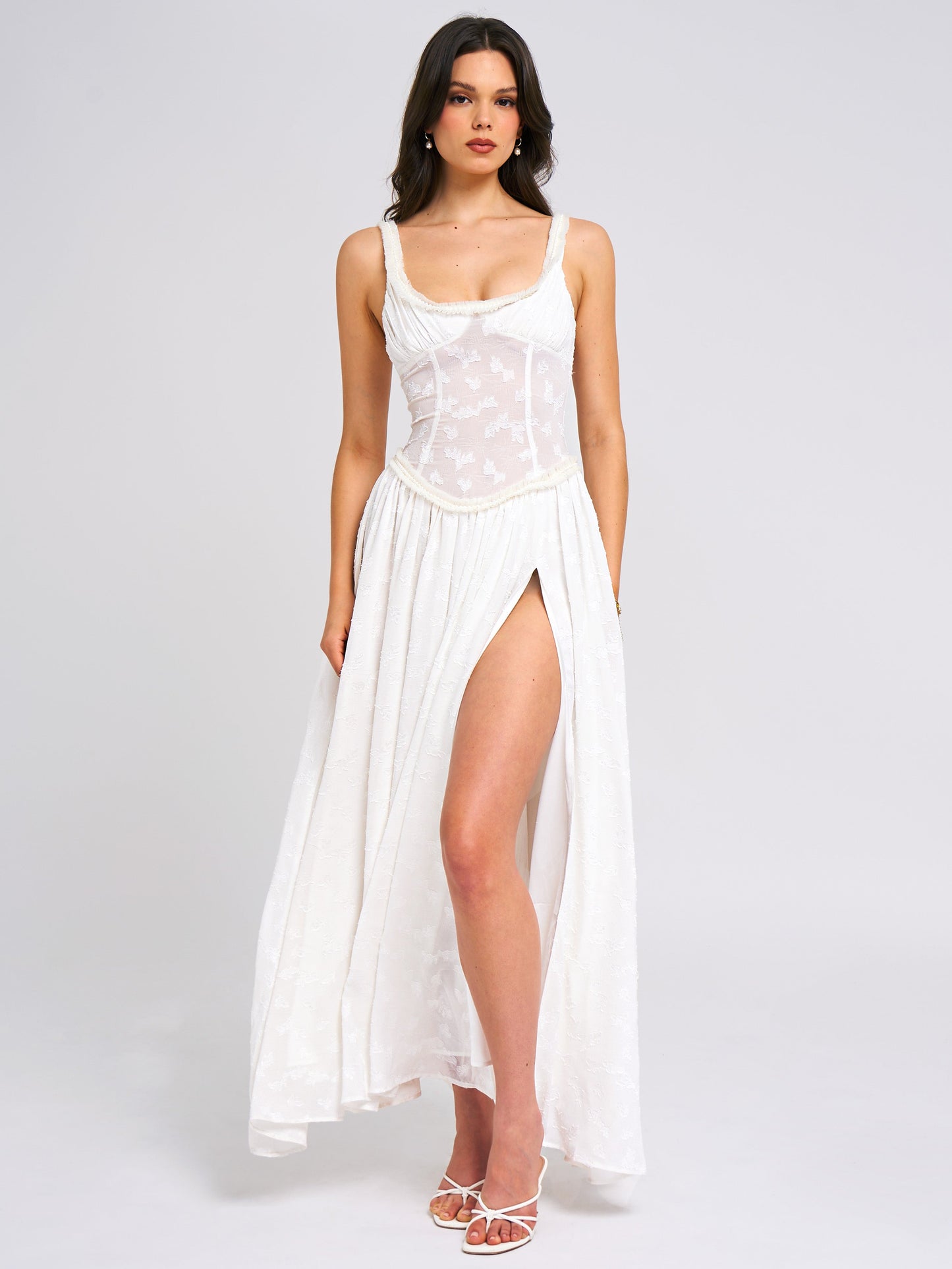 Ulissa Square Neck Jacquard Textured High Slit Maxi Dress