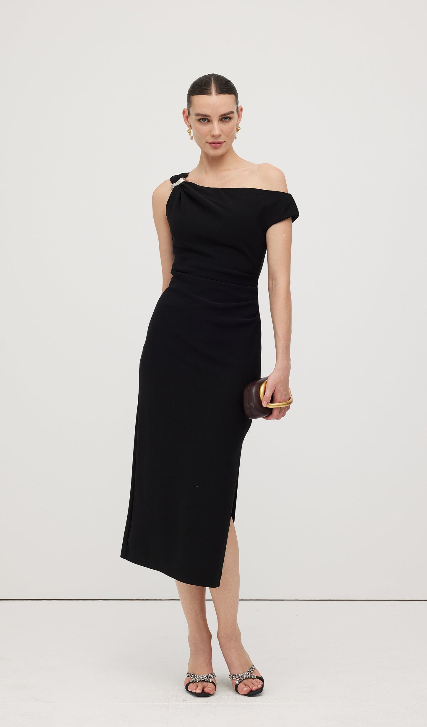 Asymmetric Metallic Midi Dress