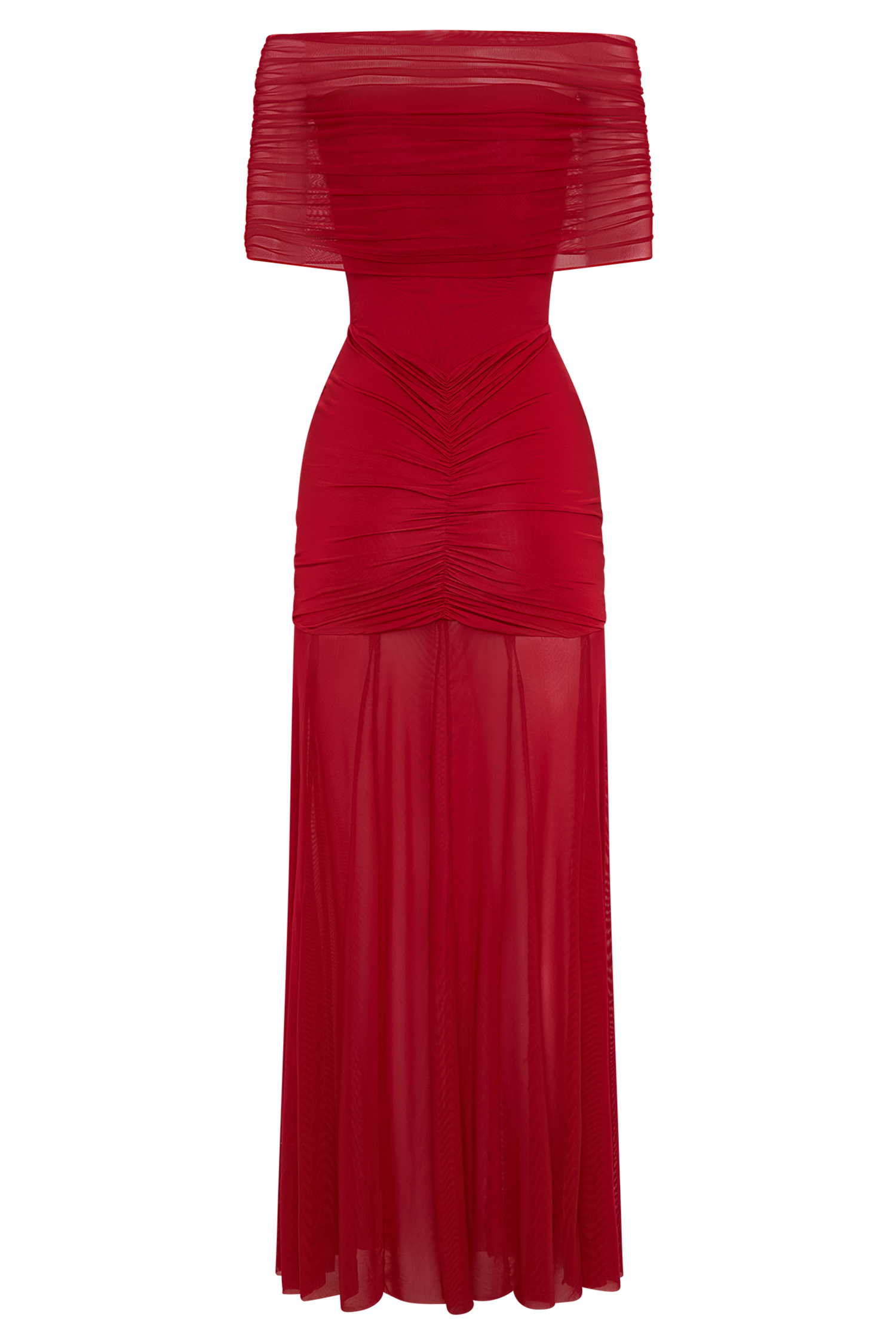 Caspian Slinky And Mesh Off Shoulder Maxi Dress