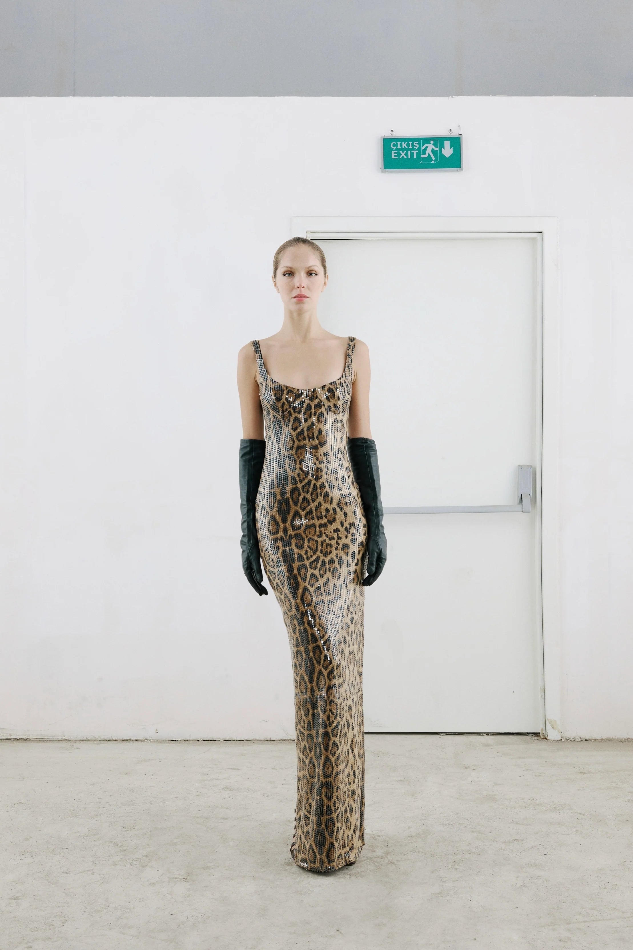 Two-Piece Sequin Leopard Spaghetti Strap Dress with Pullover Cape