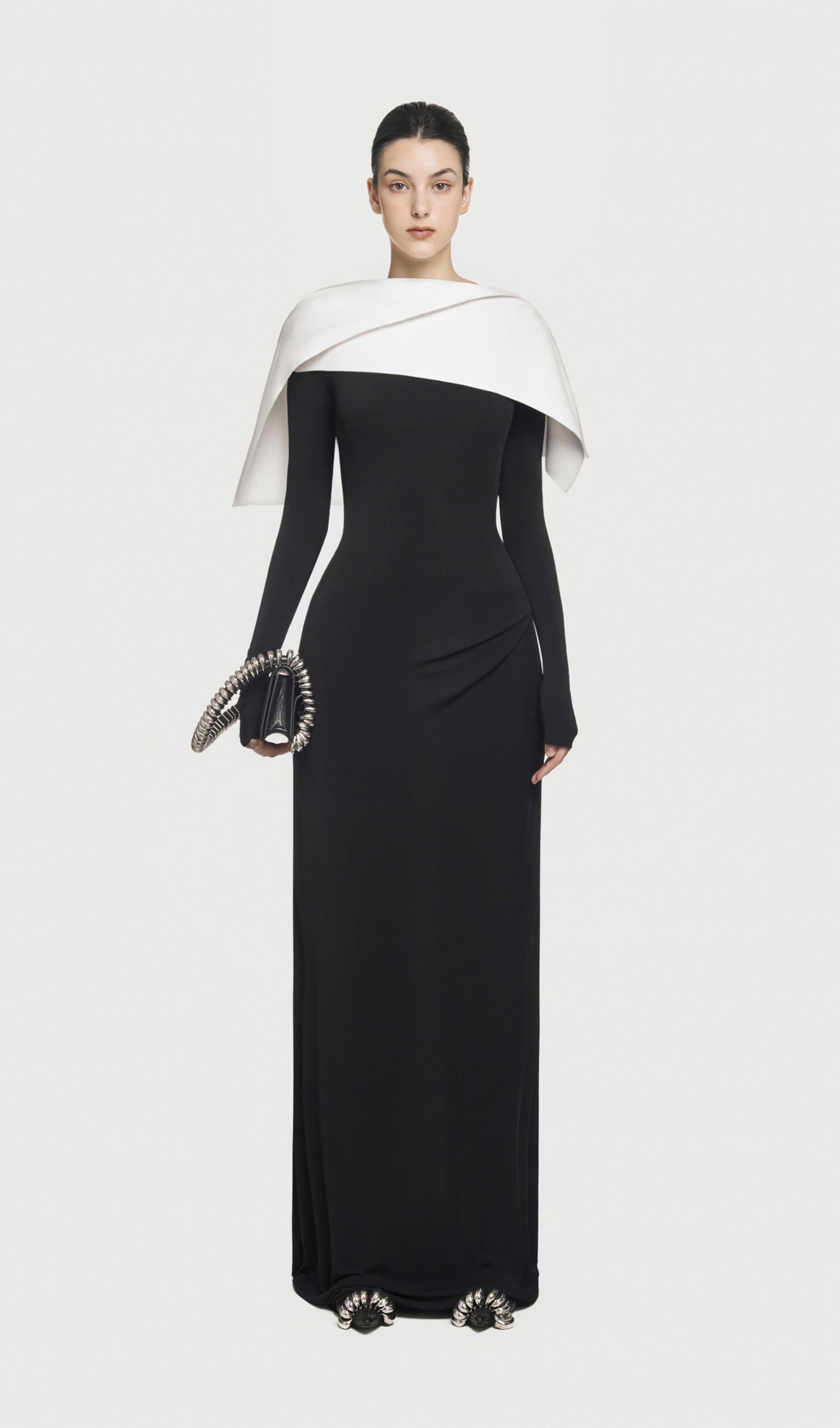 Asymmetrical Draped Shoulder Pleat Maxi Dress