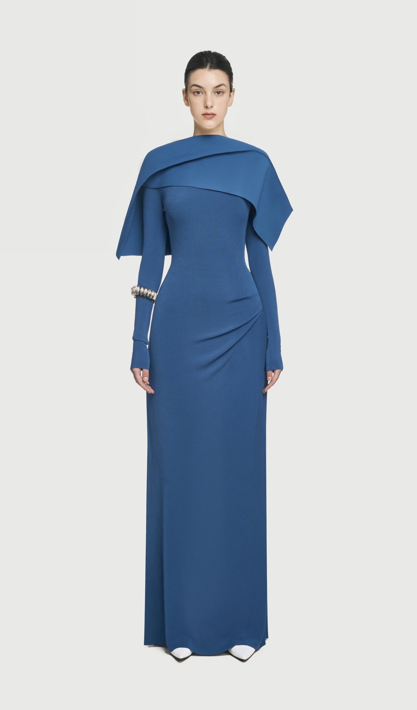 Asymmetrical Draped Shoulder Pleat Maxi Dress
