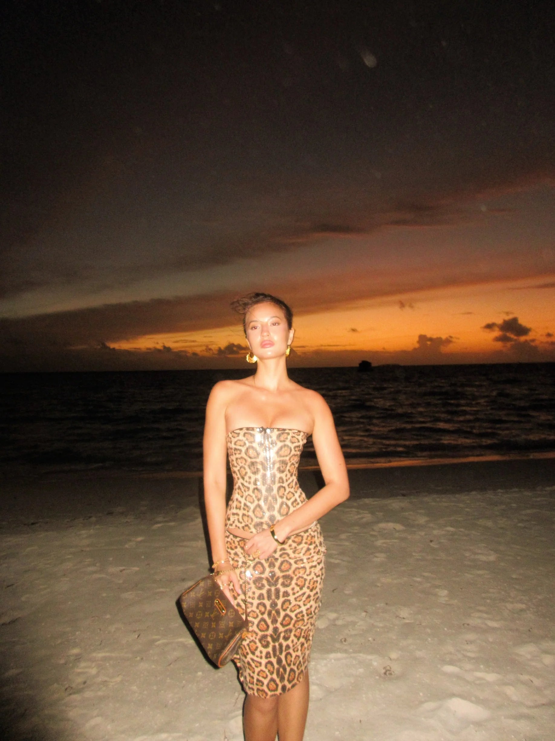 Sequin Leopard Bustier Top with Low-Rise Bodycon Skirt Two-Piece Set