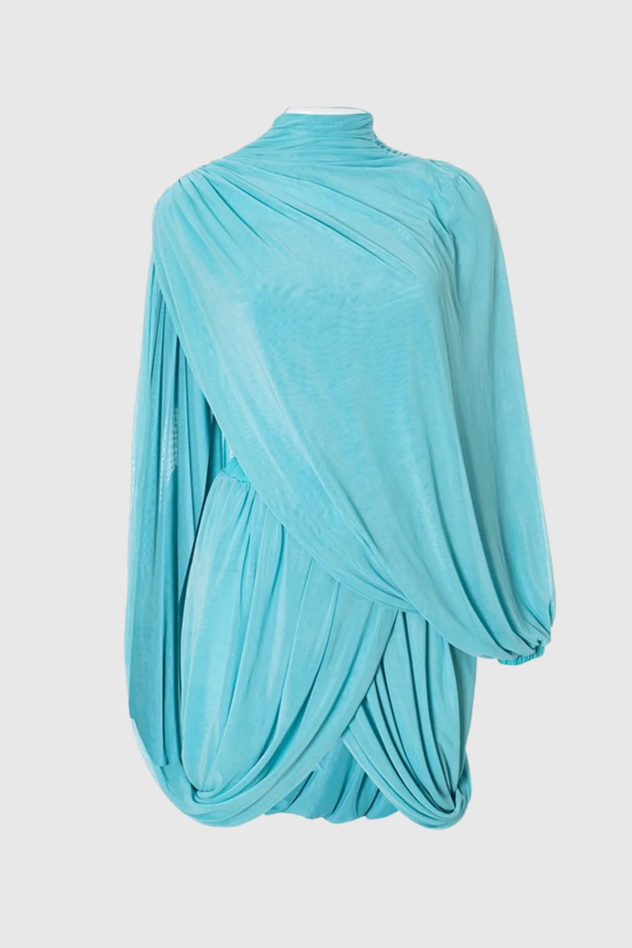High-Neck Asymmetric Shoulder Ruched Draped Mesh Dress