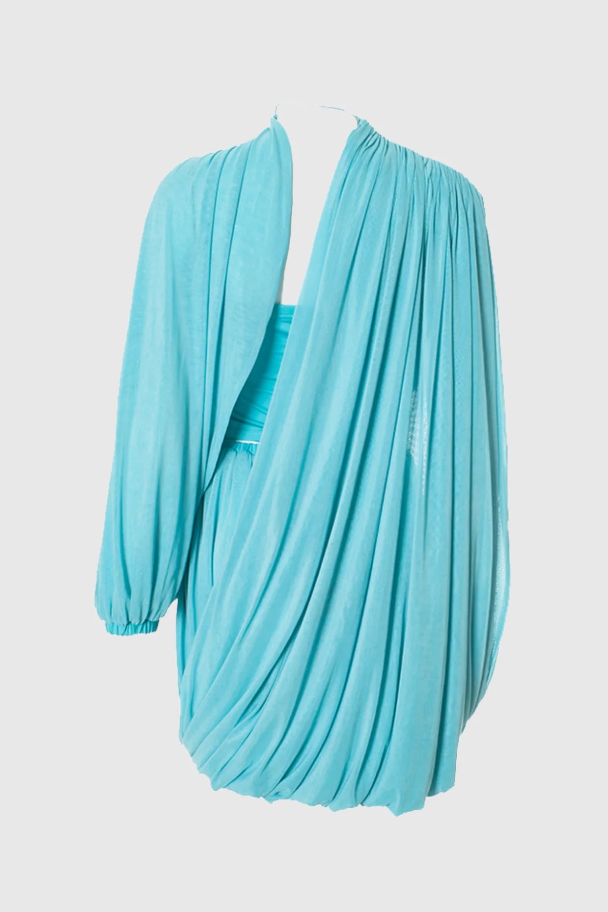 High-Neck Asymmetric Shoulder Ruched Draped Mesh Dress