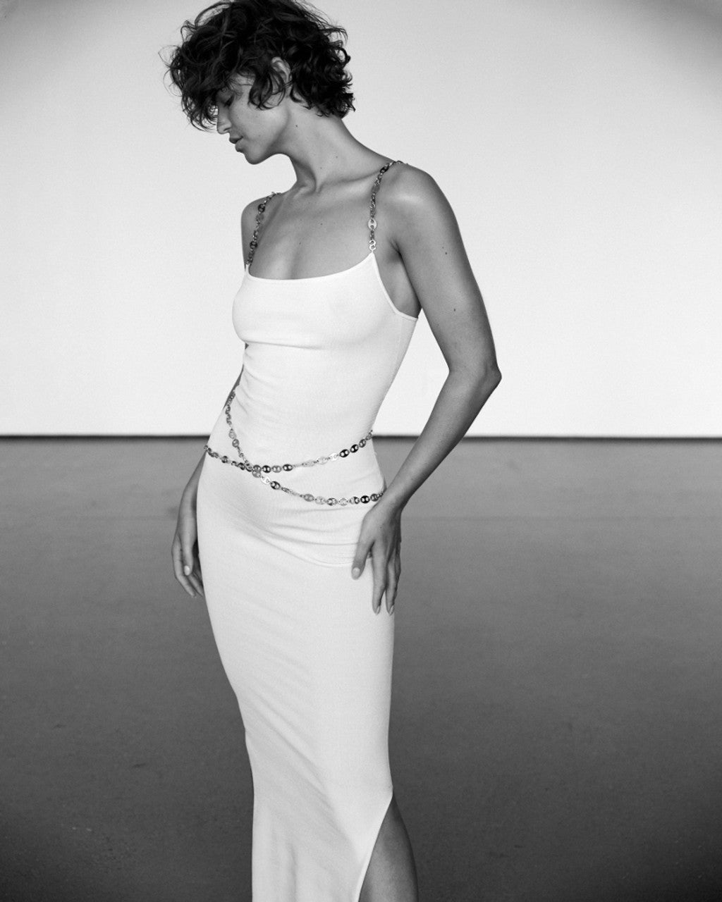 Metal-Chain Strap Bodycon Slit White Dress
