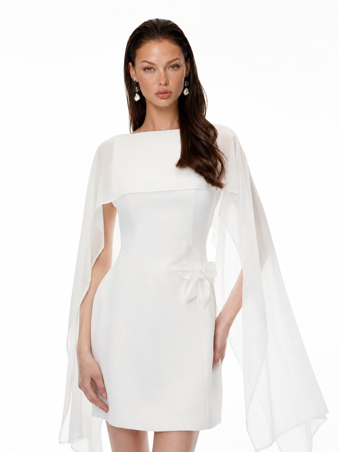 Draped Boat-Neck Sleeveless 3D Floral-Waist Mini Dress