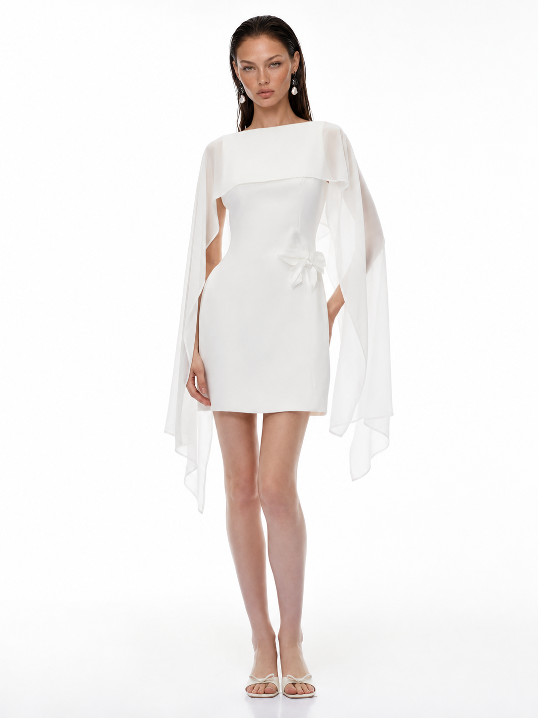 Draped Boat-Neck Sleeveless 3D Floral-Waist Mini Dress