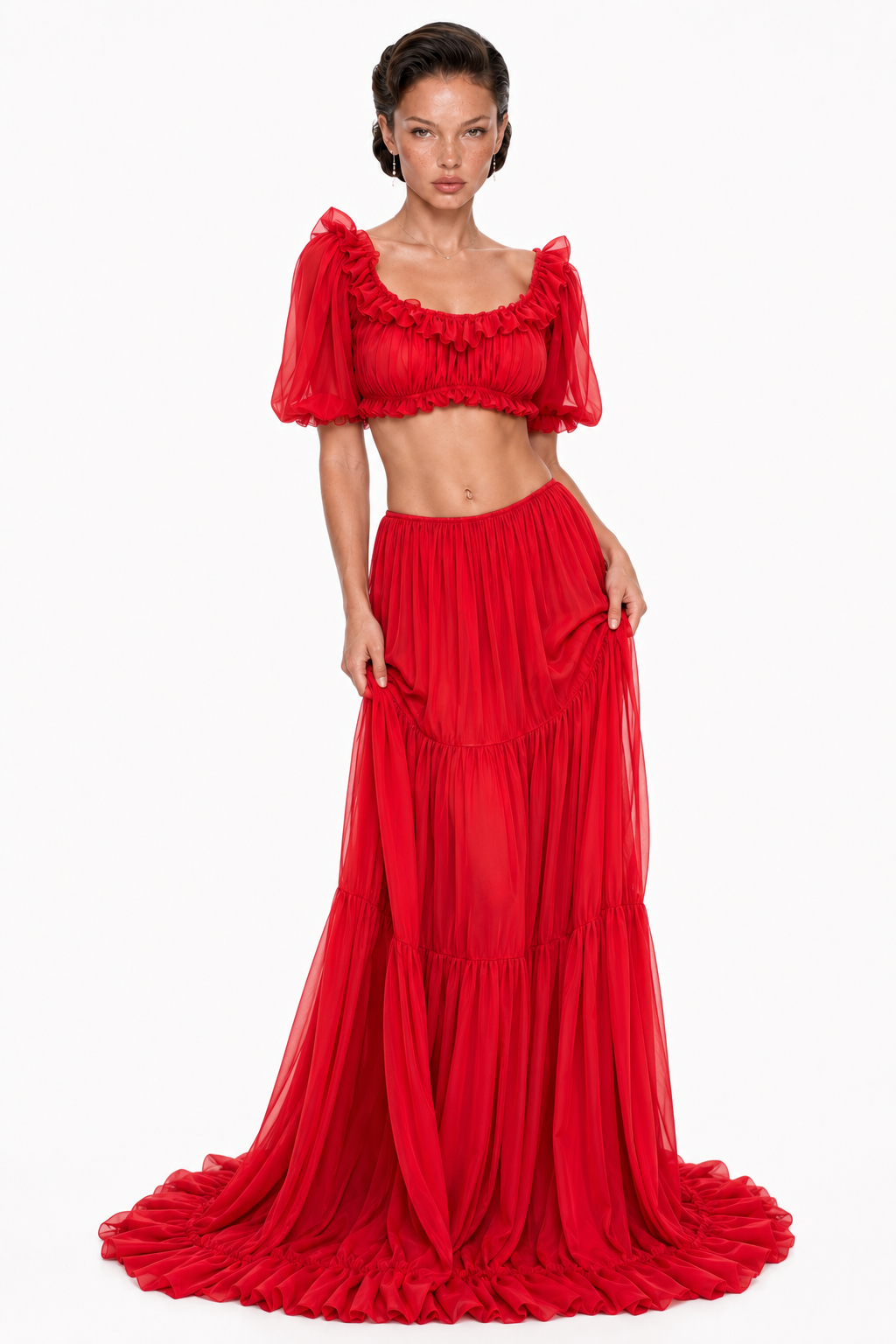 Scoop-Neck Lettuce-Trim Puff-Sleeve Cropped Top and Low-Rise Ruched Skirt Chiffon Set