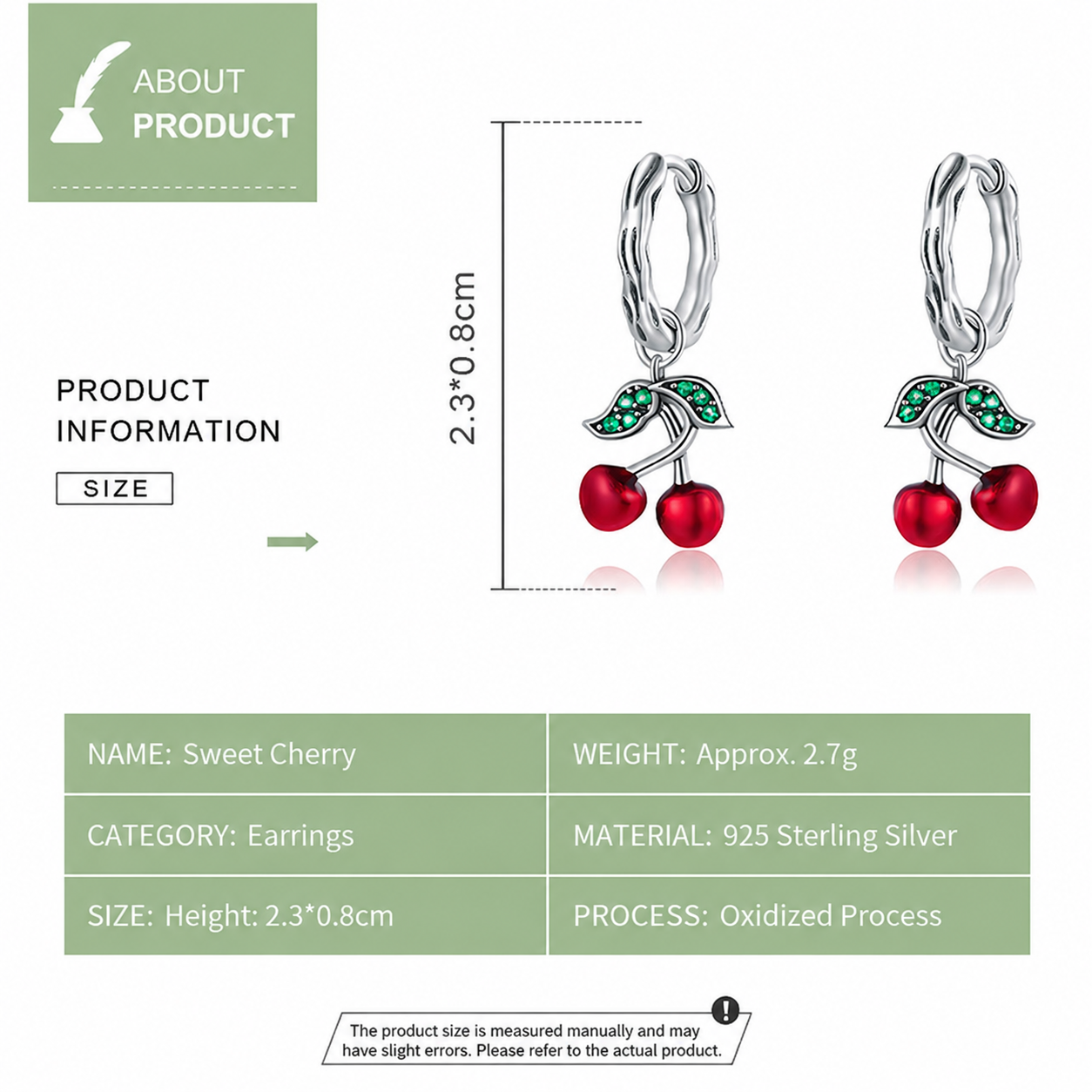 Sweet Cherry 925 Sterling Silver Drop Earrings