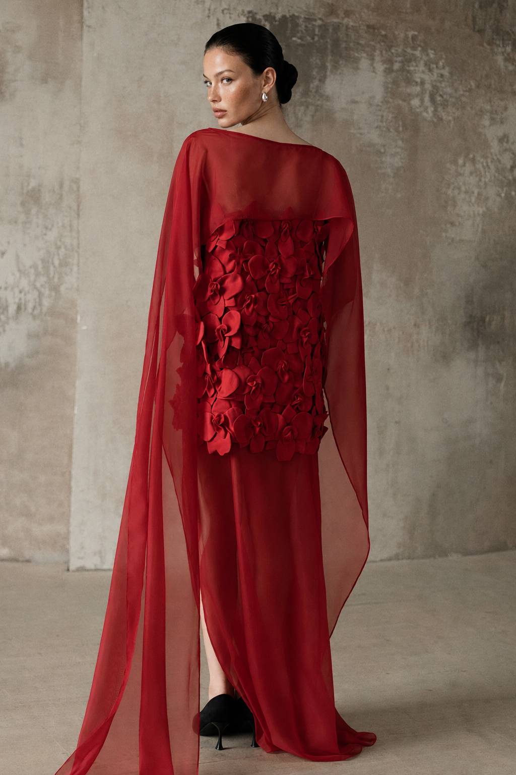 Straight-Neck Cape-Style Spaghetti-Strap 3D Floral Evening Gown