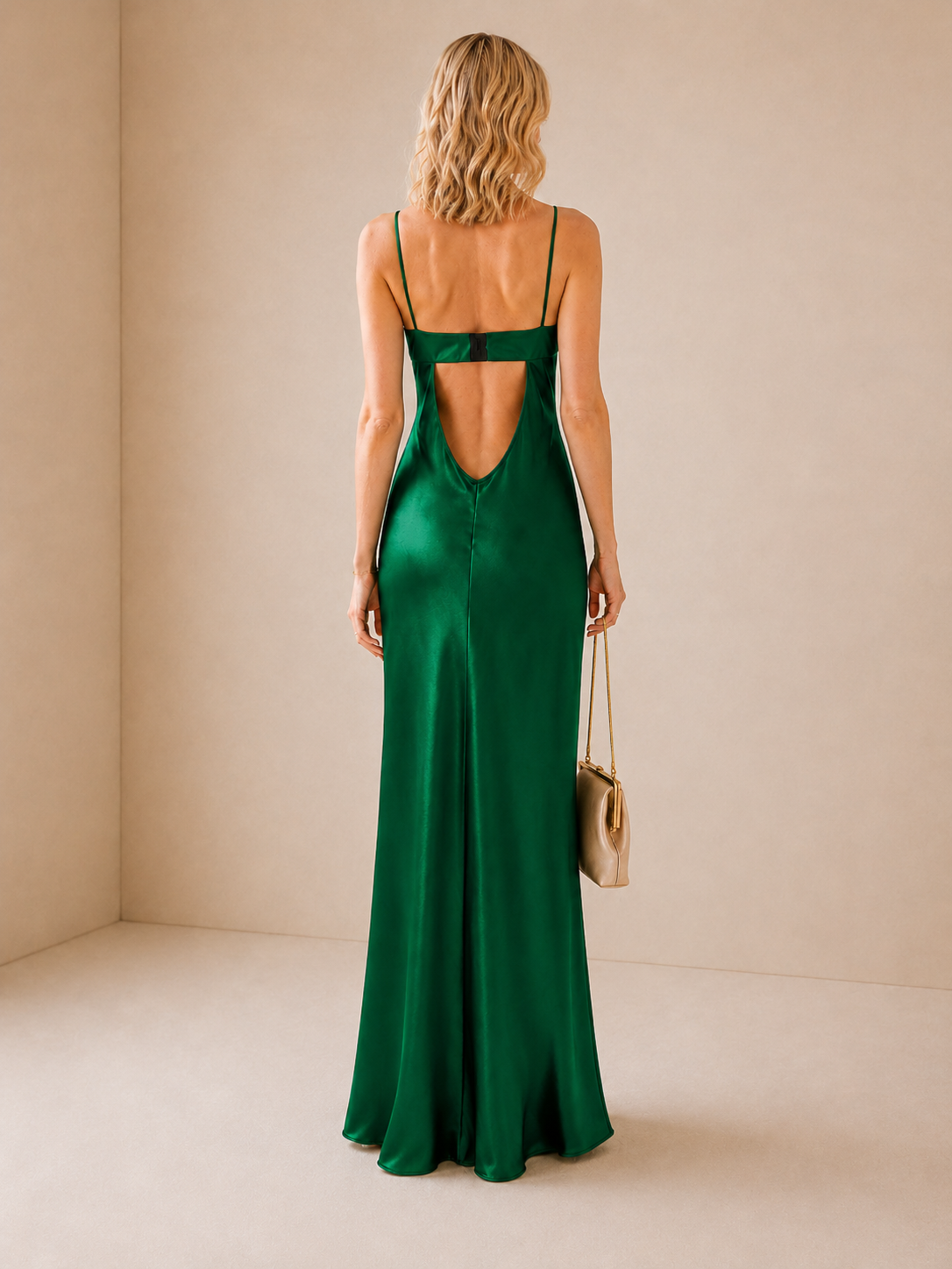 Spaghetti Strap Deconstructed-Bust Backless Acetate Satin/ Mulberry Silk Green Evening Gown