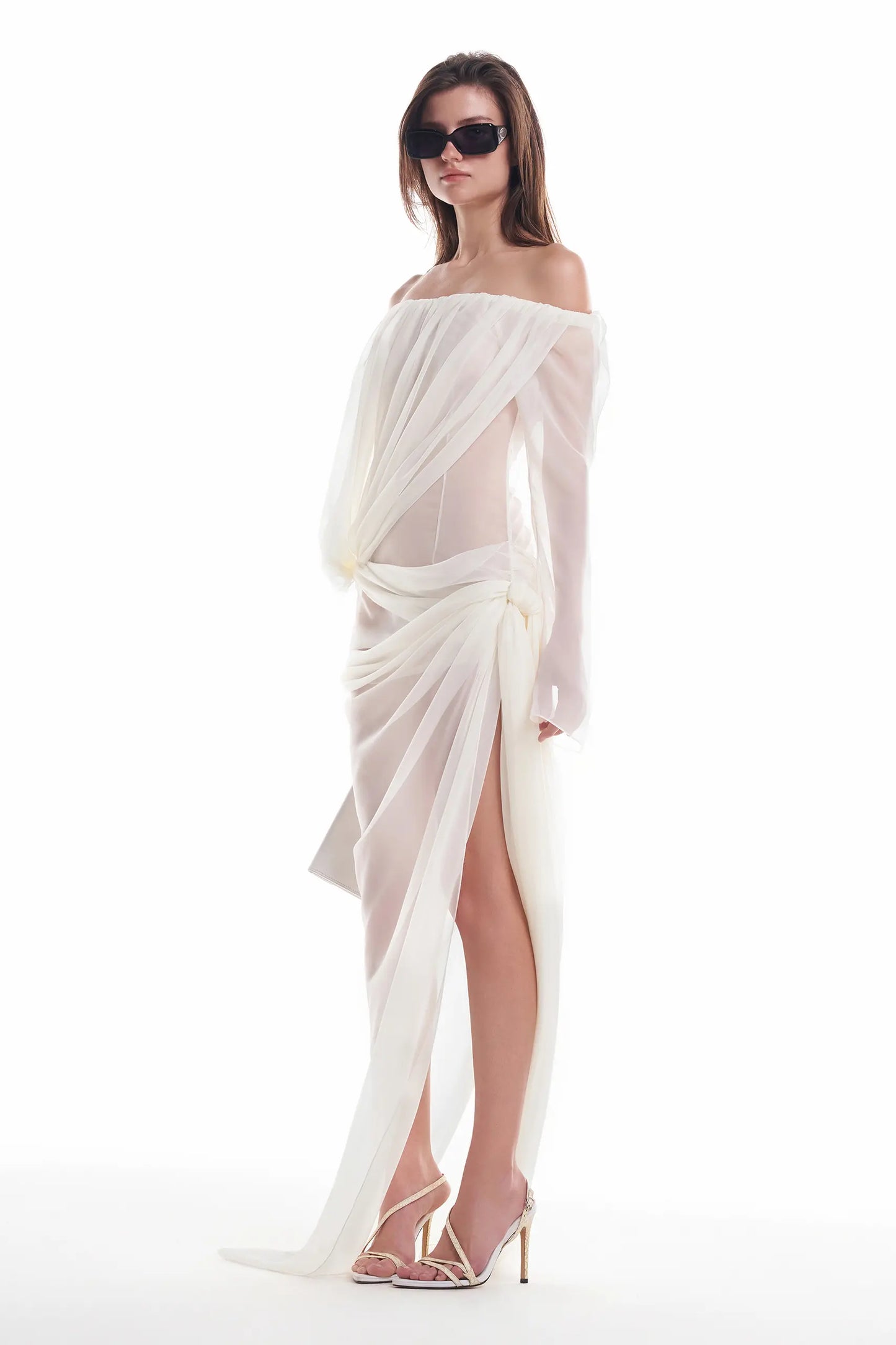 Off-shoulder draped sheer dress