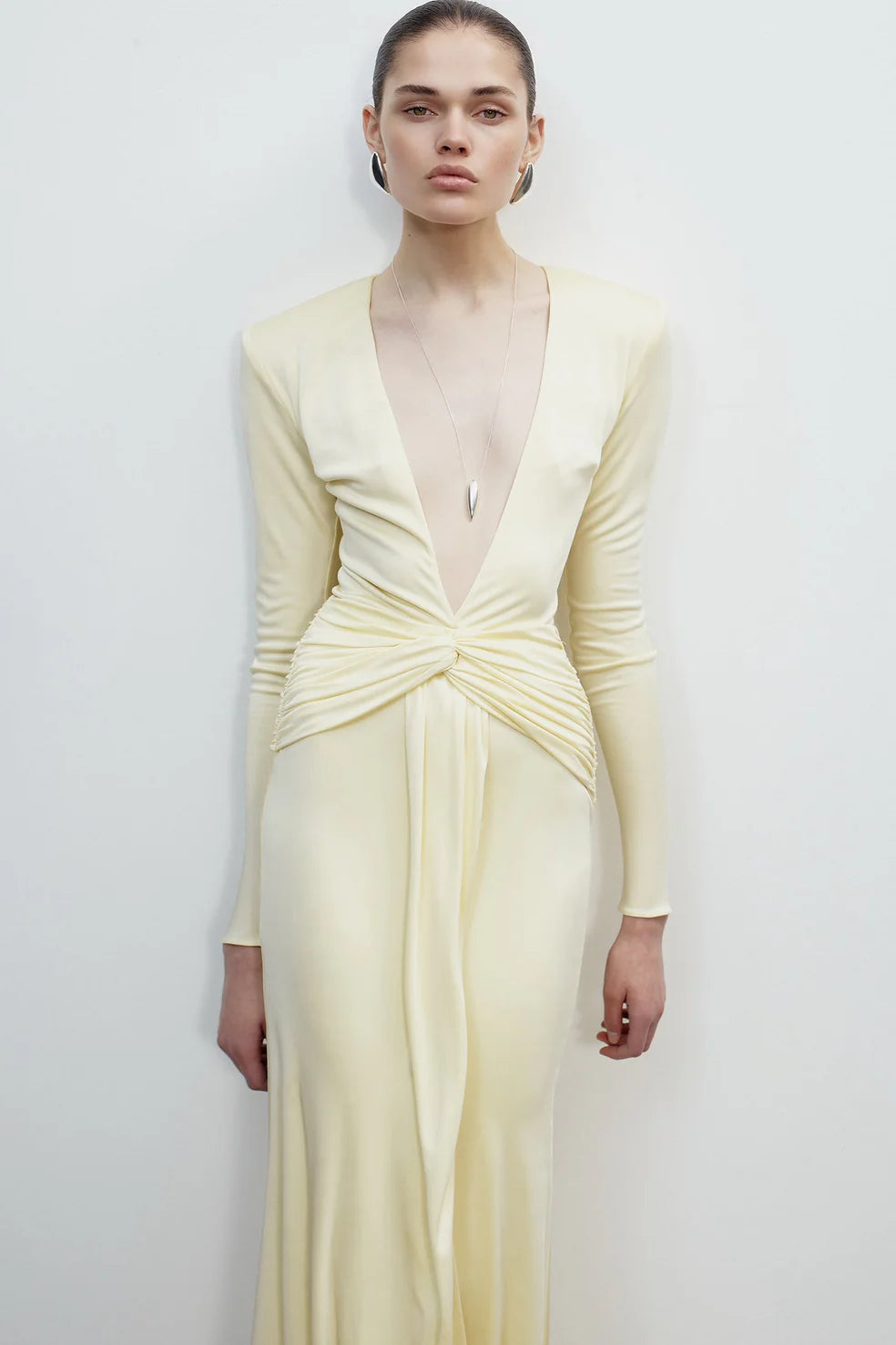 Deep V-Neck Long-Sleeve Waist Twist Draped Maxi Dress