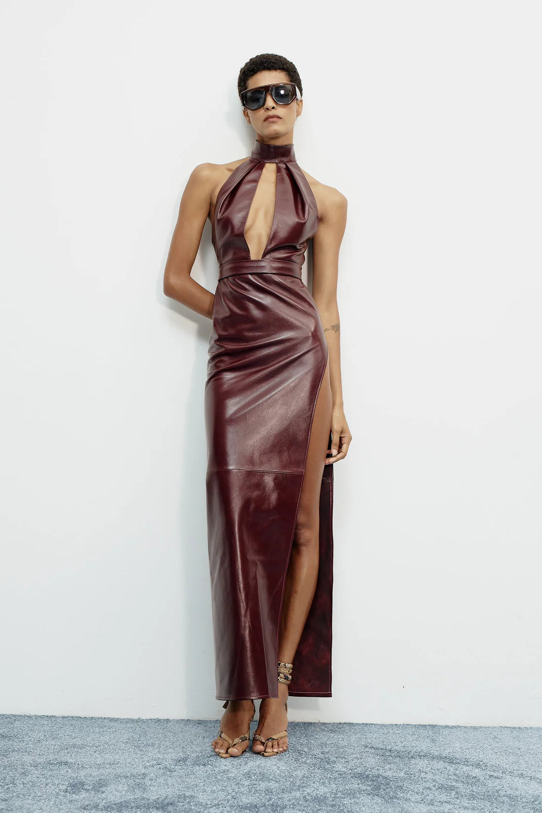 High Neck Sleeveless Front Cut-Out Leather Dress
