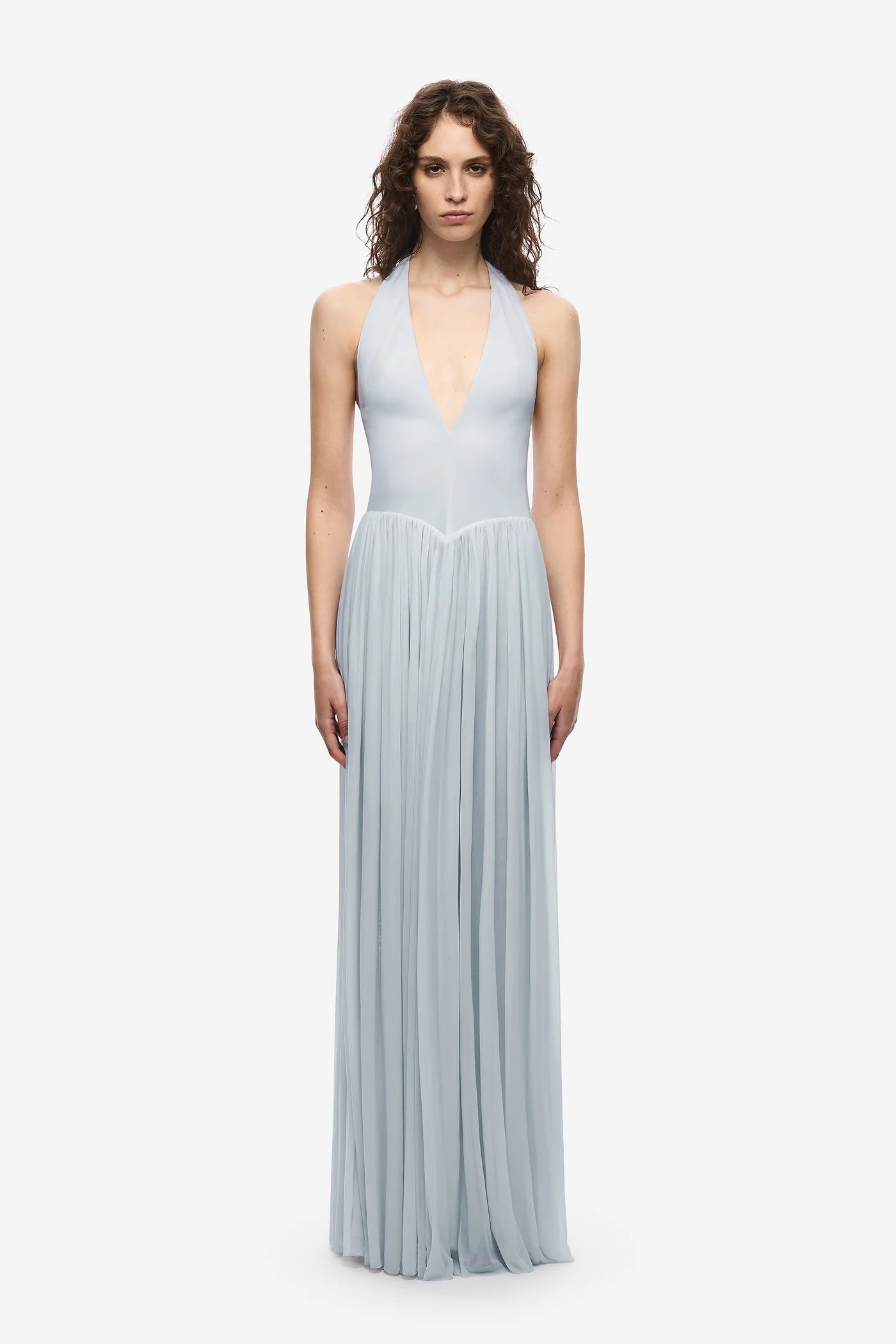 Halter V-Neck Curved-Seam Mesh-Panel Dress