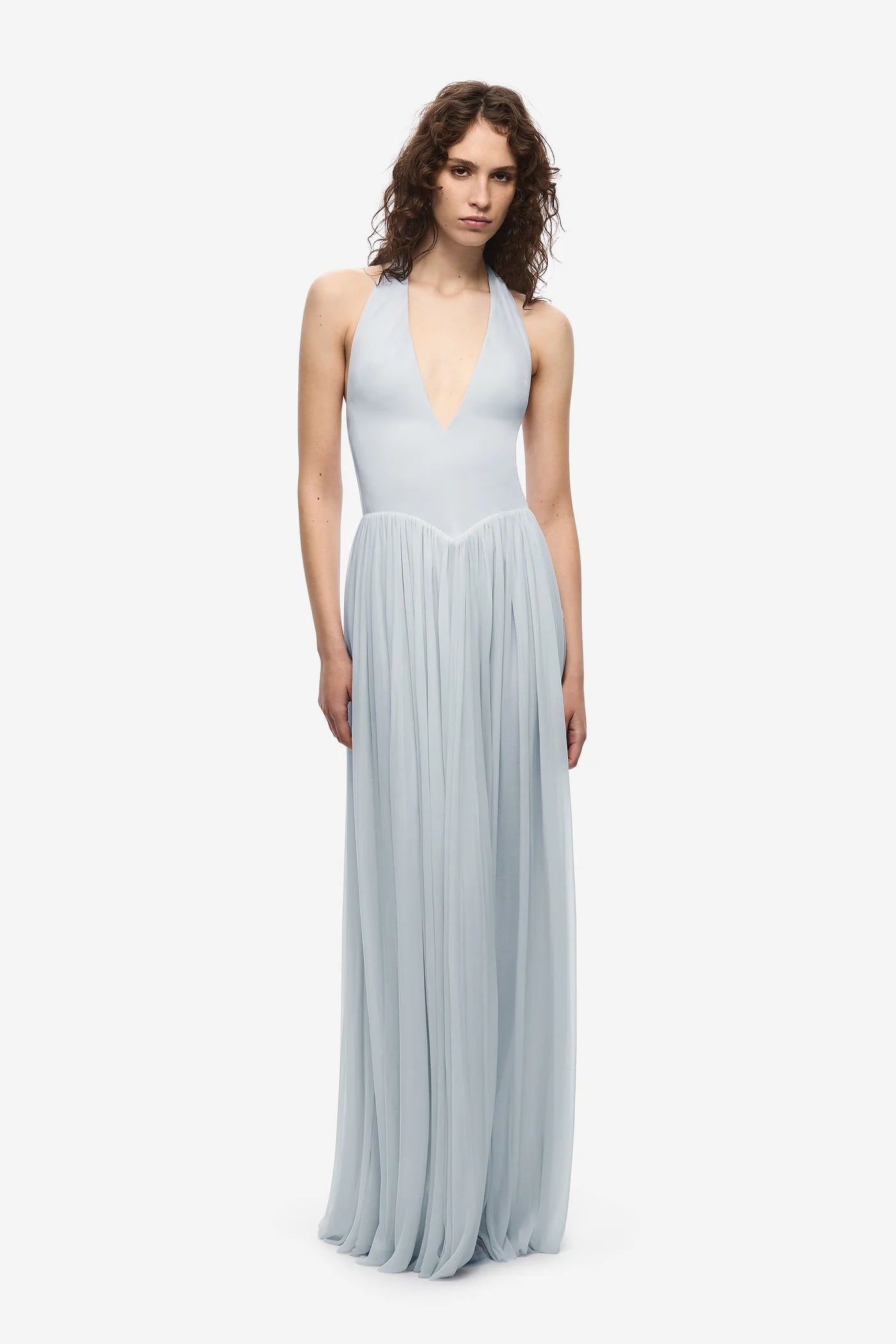 Halter V-Neck Curved-Seam Mesh-Panel Dress