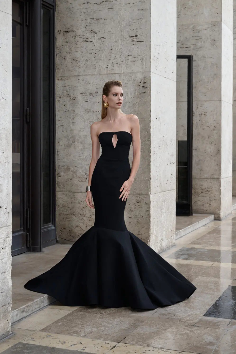 Fitted strapless mermaid cut sable crew long dress