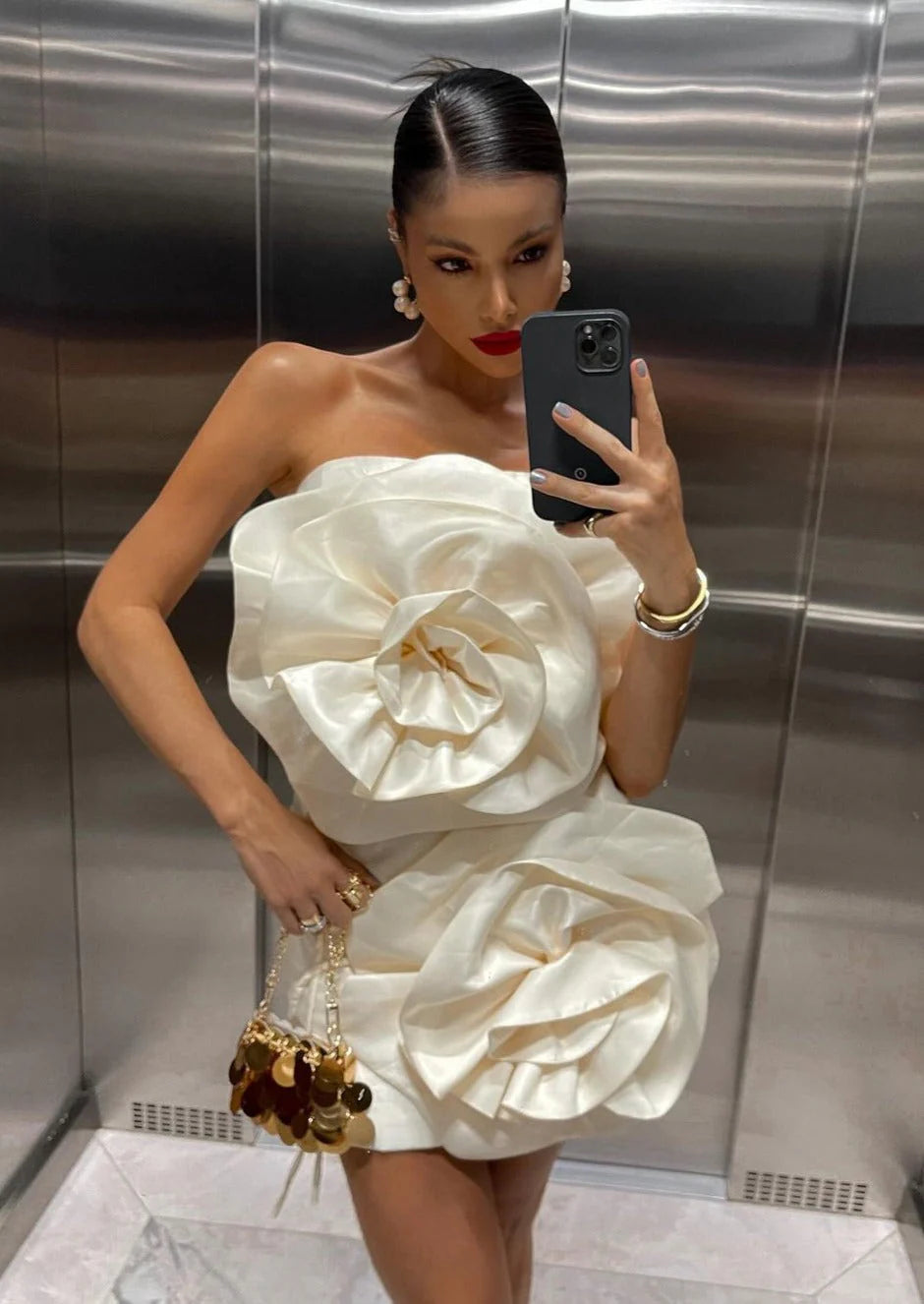 Strapless 3D Flower Mini Dress