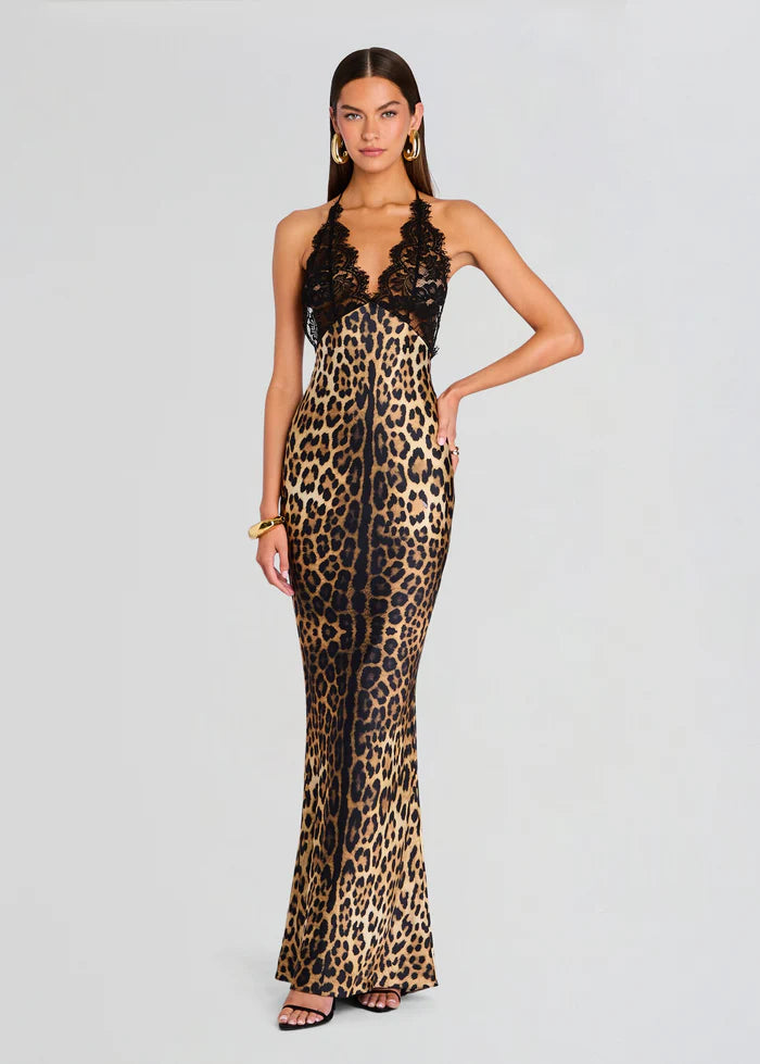 Halter Deep V-Neck Lace and Satin Leopard-Print Splicing Mermaid Dress