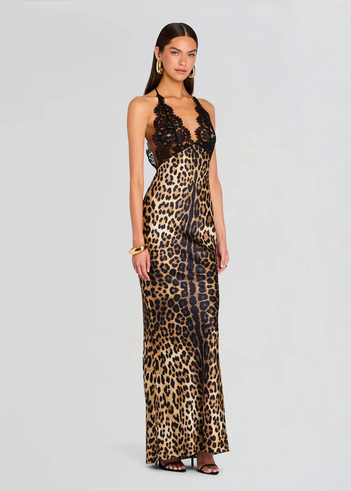 Halter Deep V-Neck Lace and Satin Leopard-Print Splicing Mermaid Dress