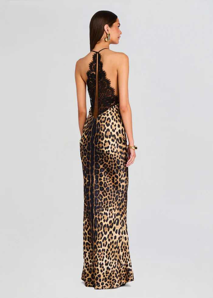 Halter Deep V-Neck Lace and Satin Leopard-Print Splicing Mermaid Dress