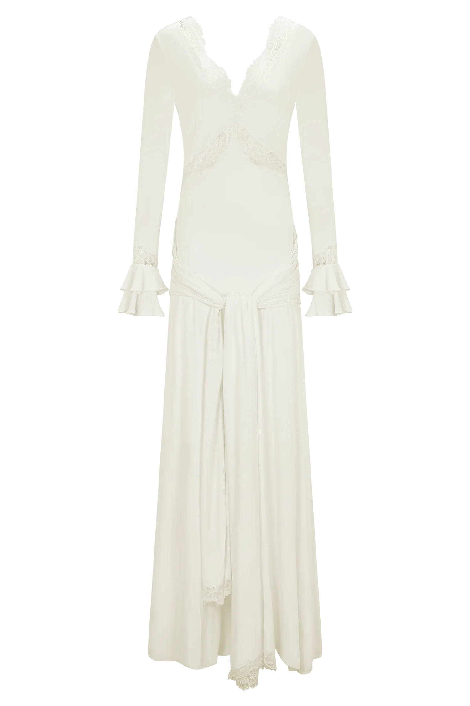 V-Neck Long-Sleeve Lace-Panel Waist-Drape Knit Dress